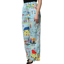 Light Blue Drawing Mid Waist Wide Leg Pants