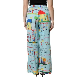 Light Blue Drawing Mid Waist Wide Leg Pants