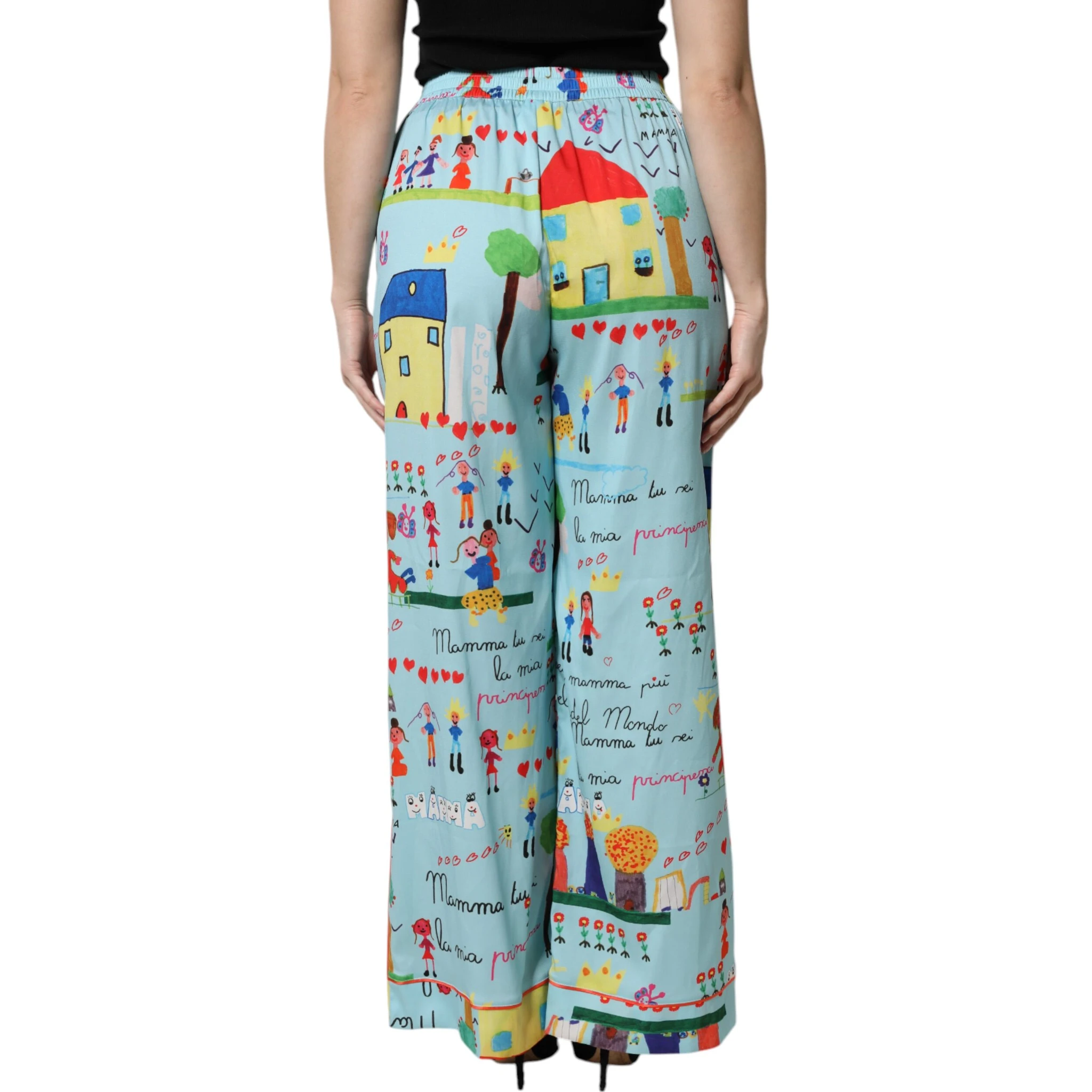 Light Blue Drawing Mid Waist Wide Leg Pants