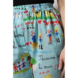 Light Blue Drawing Mid Waist Wide Leg Pants