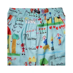 Light Blue Drawing Mid Waist Wide Leg Pants