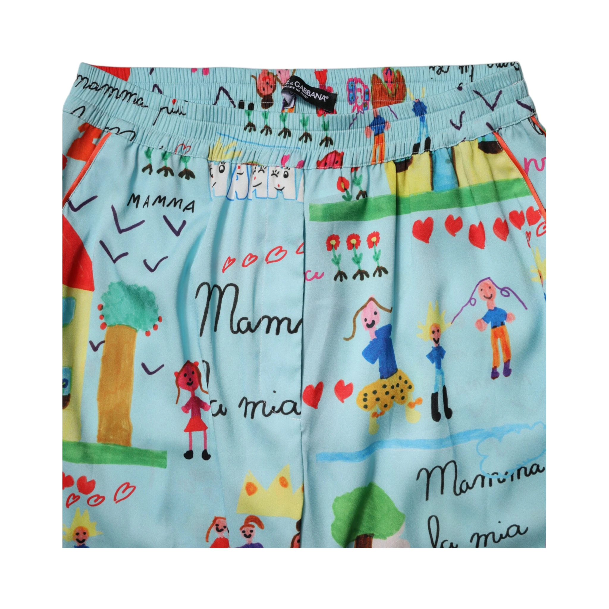 Light Blue Drawing Mid Waist Wide Leg Pants