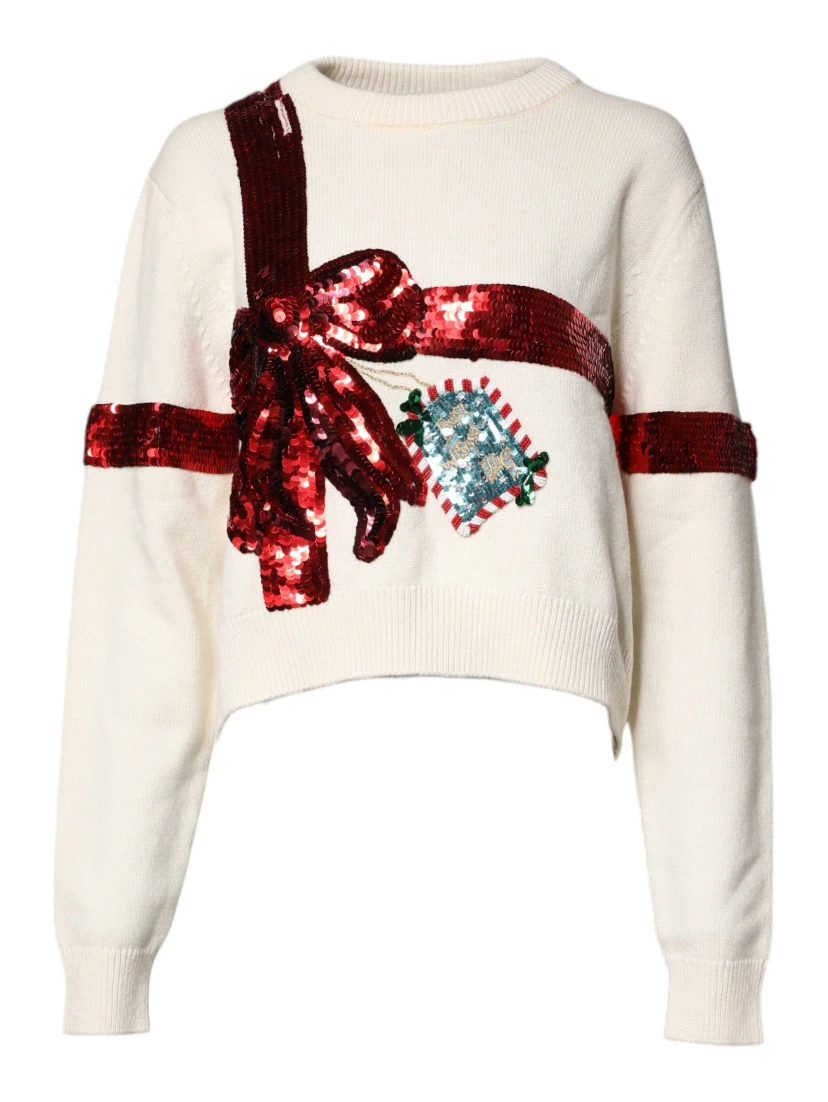 White Sequined Crew Neck Pullover Sweater