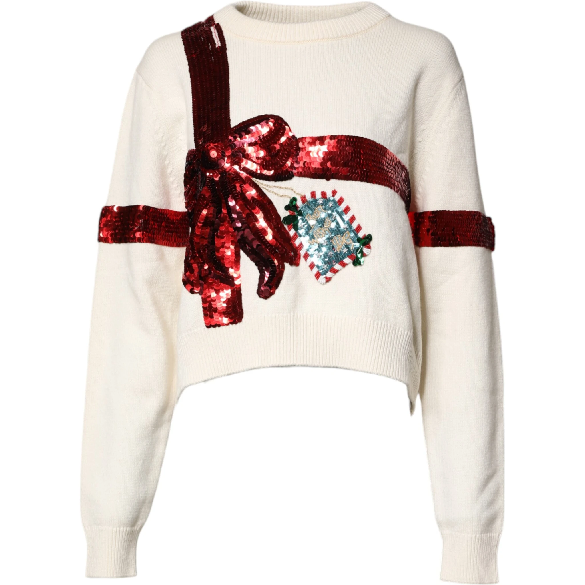 White Sequined Crew Neck Pullover Sweater