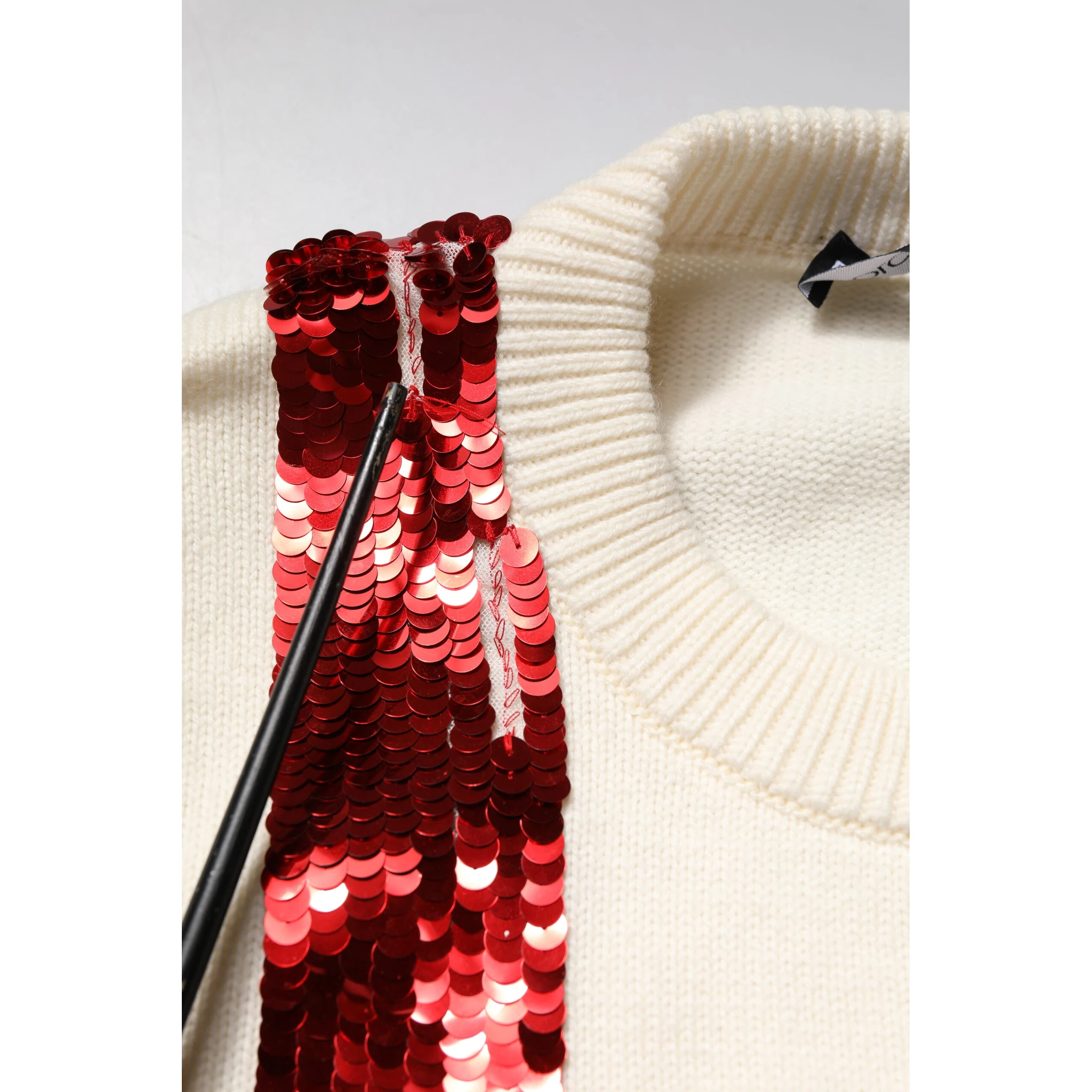 White Sequined Crew Neck Pullover Sweater