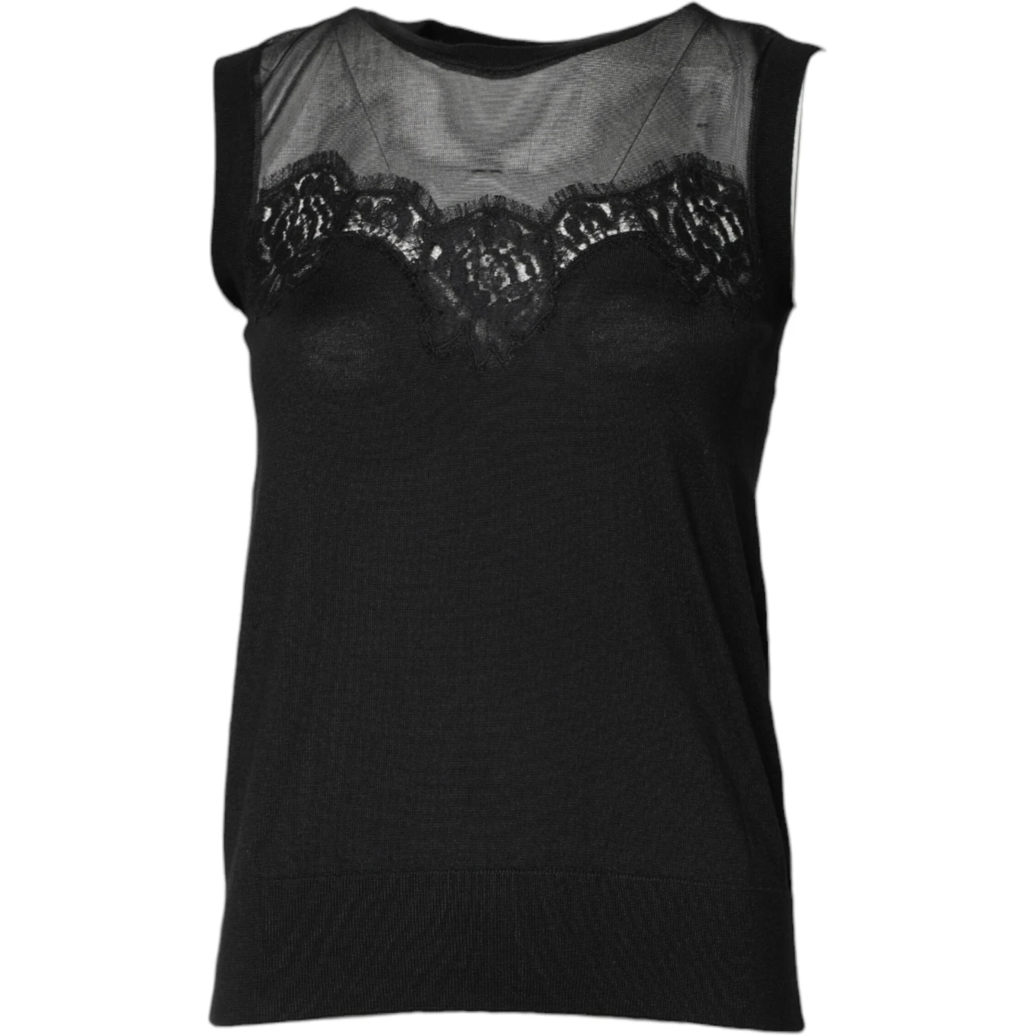 Black Lace Sheer Crew Neck Sleeveless Top