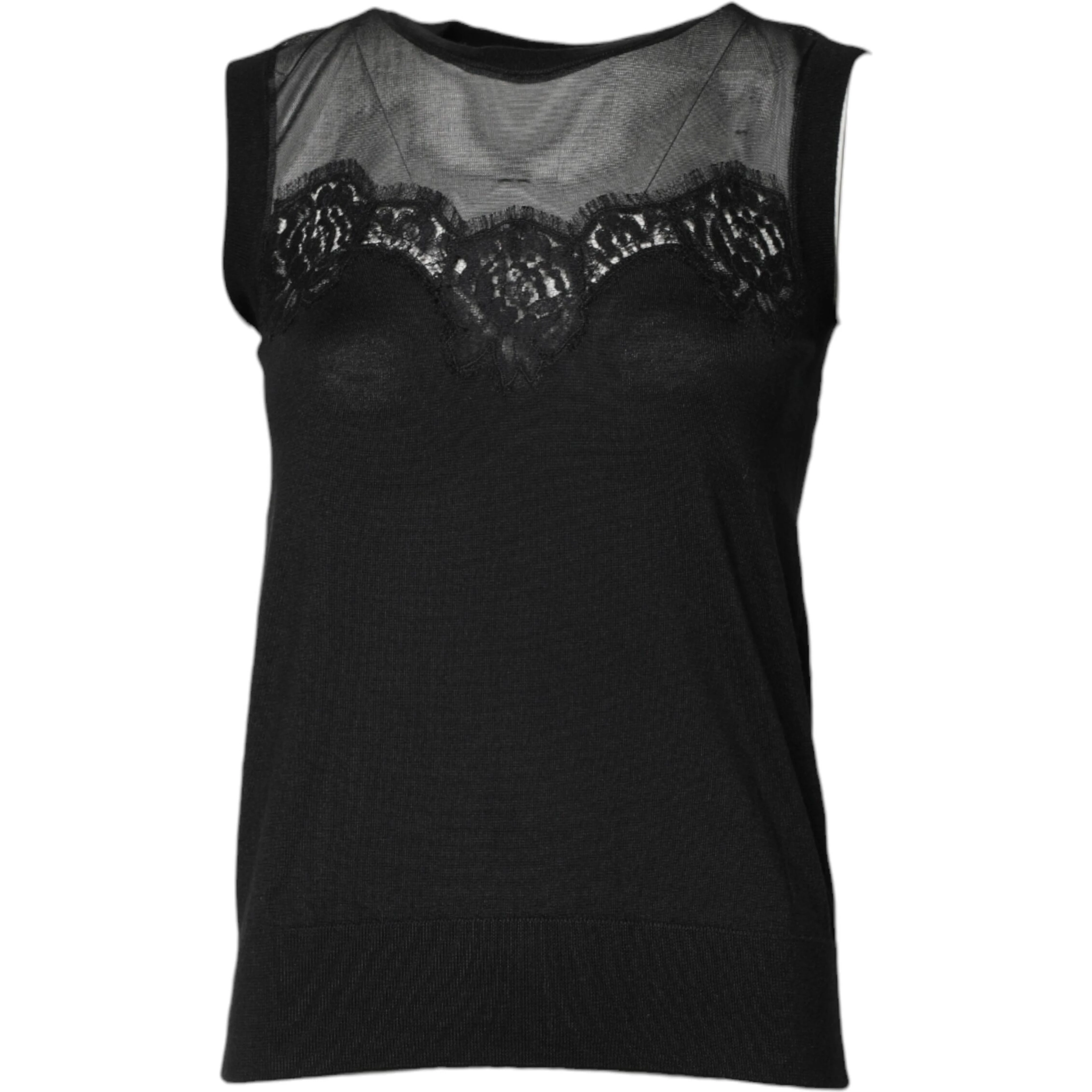 Black Lace Sheer Crew Neck Sleeveless Top