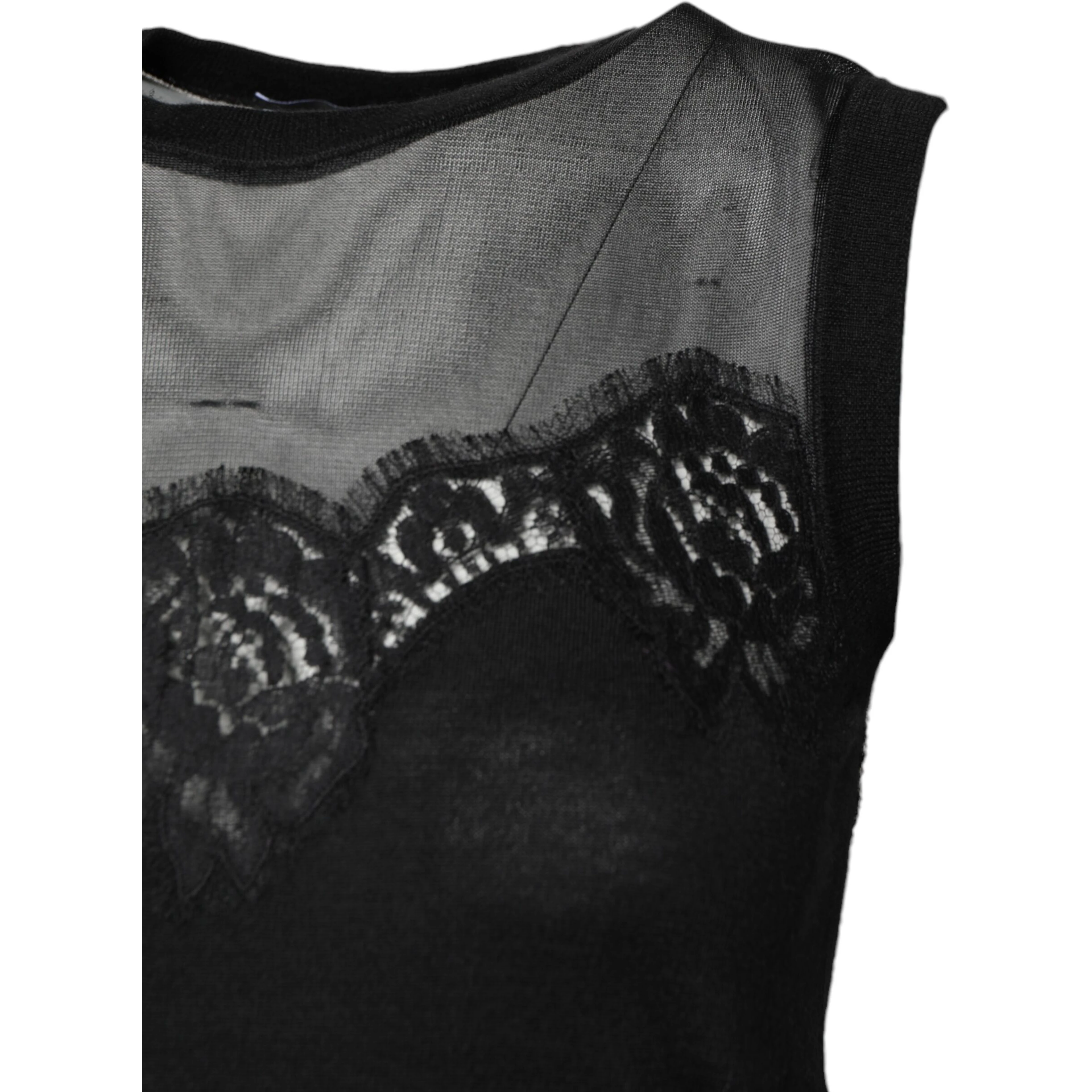 Black Lace Sheer Crew Neck Sleeveless Top