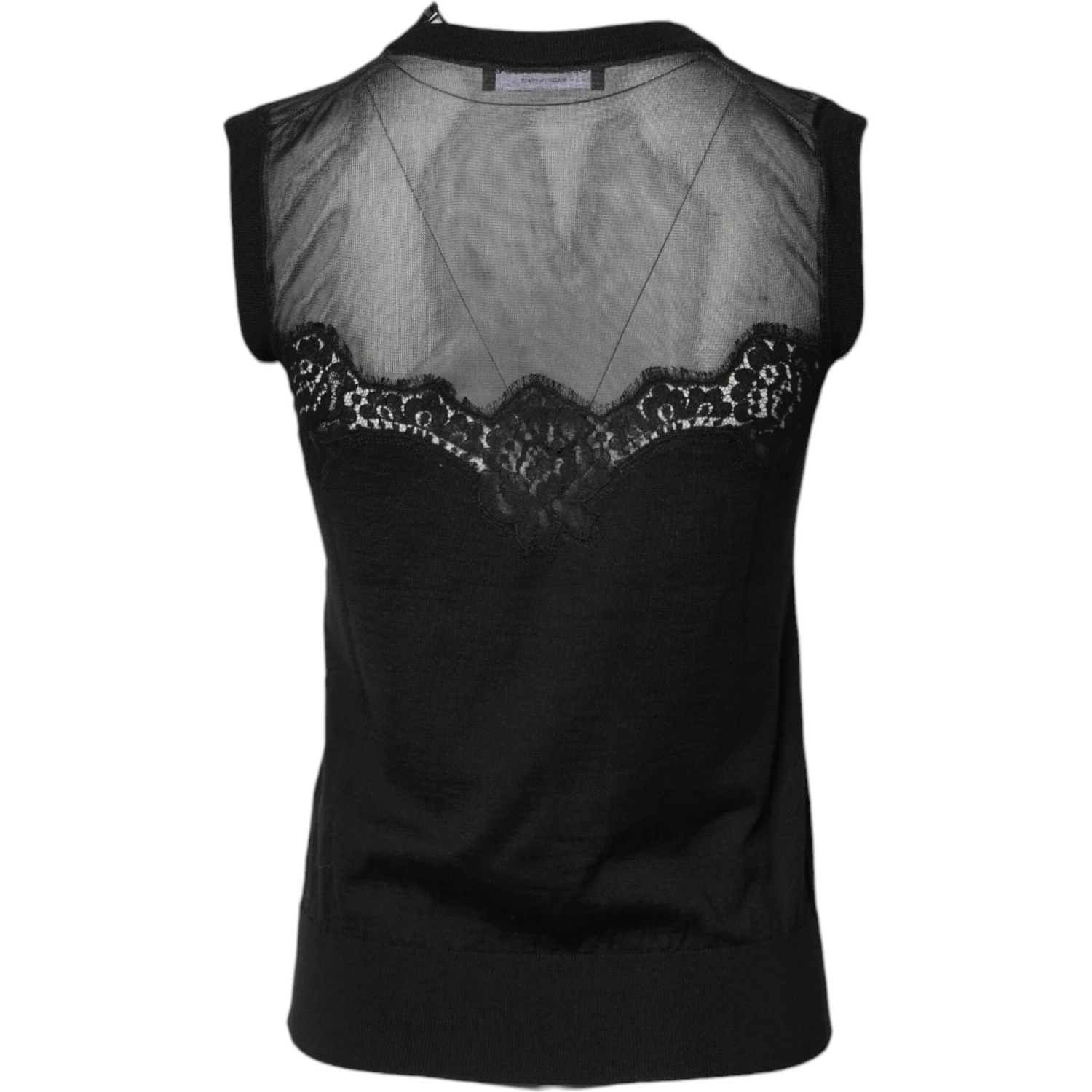 Black Lace Sheer Crew Neck Sleeveless Top