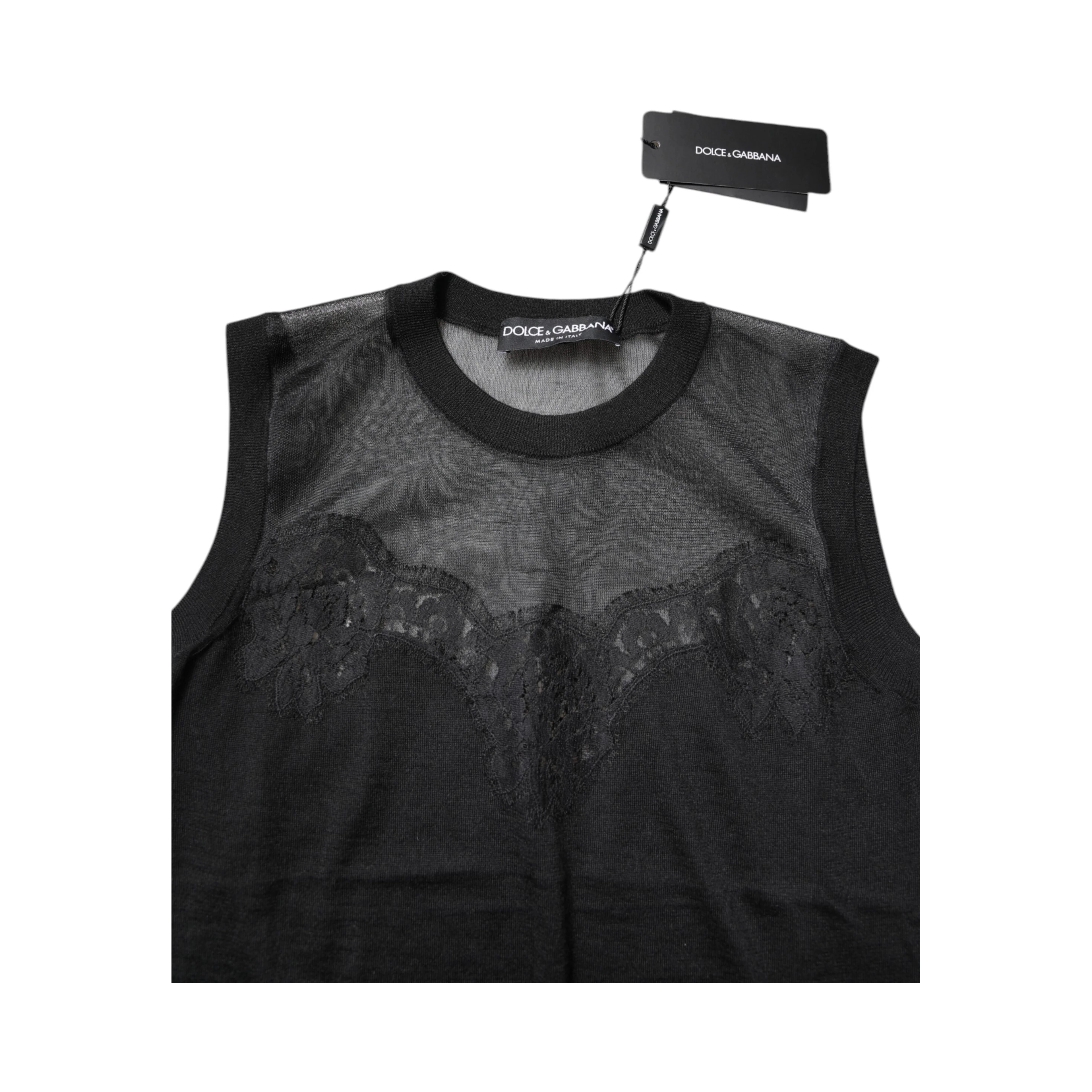 Black Lace Sheer Crew Neck Sleeveless Top