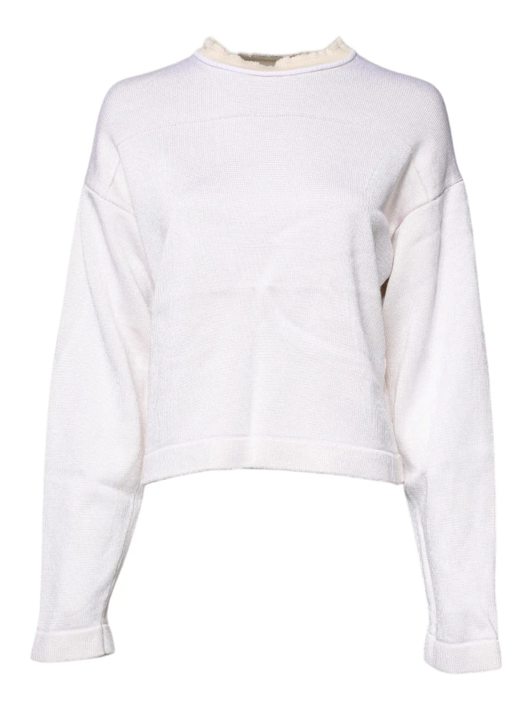 White Viscose Crew Neck Long Sleeves Pullover Sweater