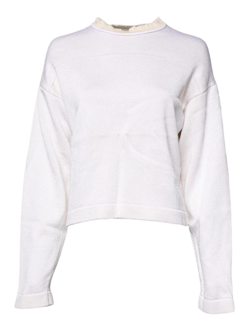White Viscose Crew Neck Long Sleeves Pullover Sweater