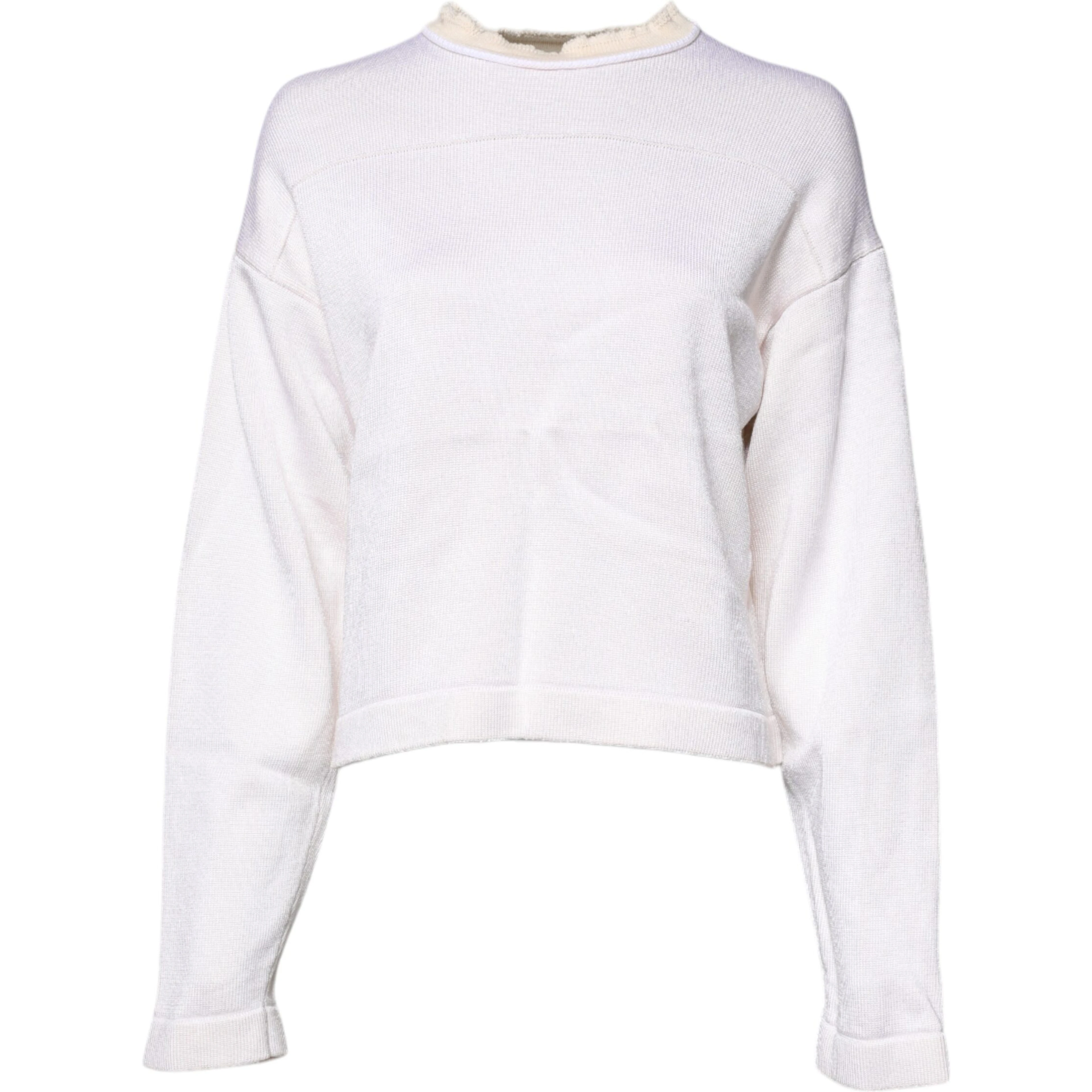 White Viscose Crew Neck Long Sleeves Pullover Sweater