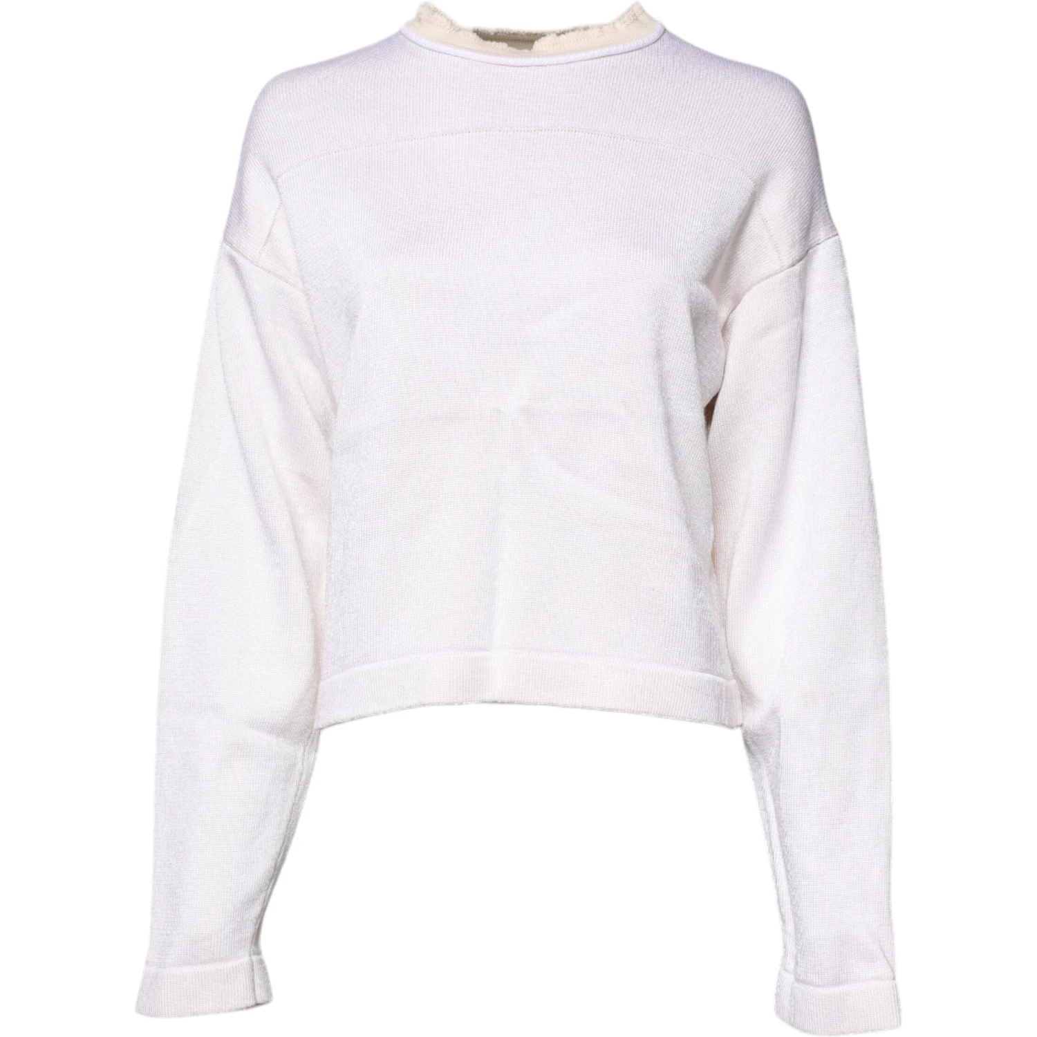 White Viscose Crew Neck Long Sleeves Pullover Sweater
