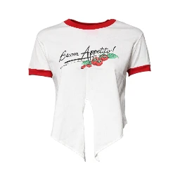 White Printed Round Neck Cropped Top T-shirt