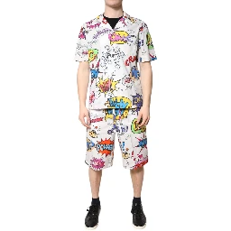 White Cartoon Print Cotton Men Pajama Set Sleepwear