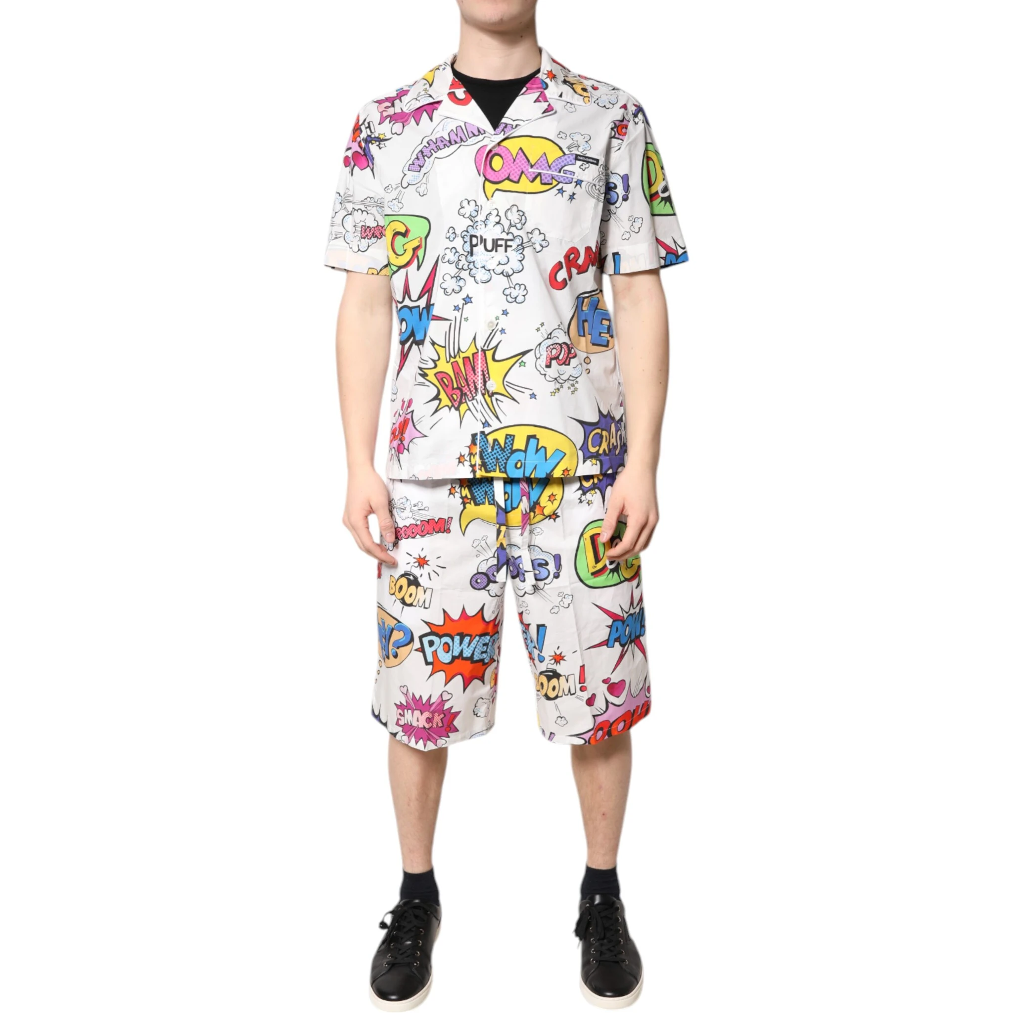 White Cartoon Print Cotton Men Pajama Set Sleepwear