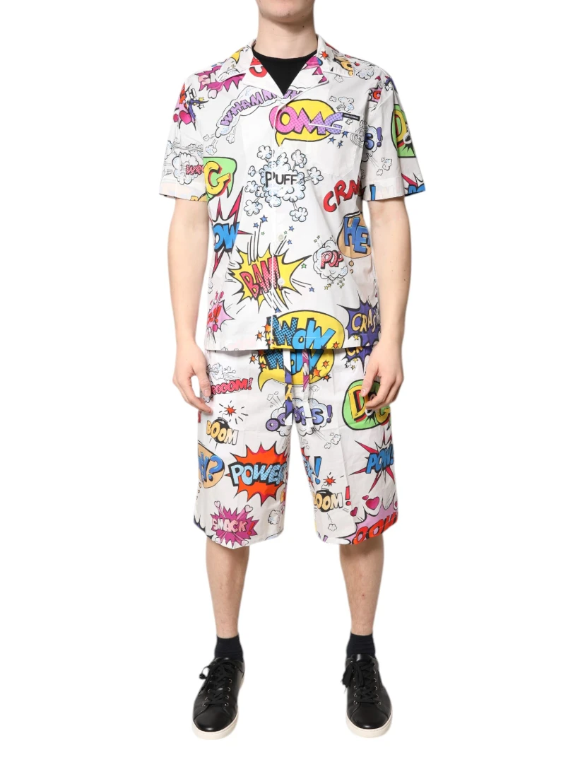 White Cartoon Print Cotton Men Pajama Set Sleepwear