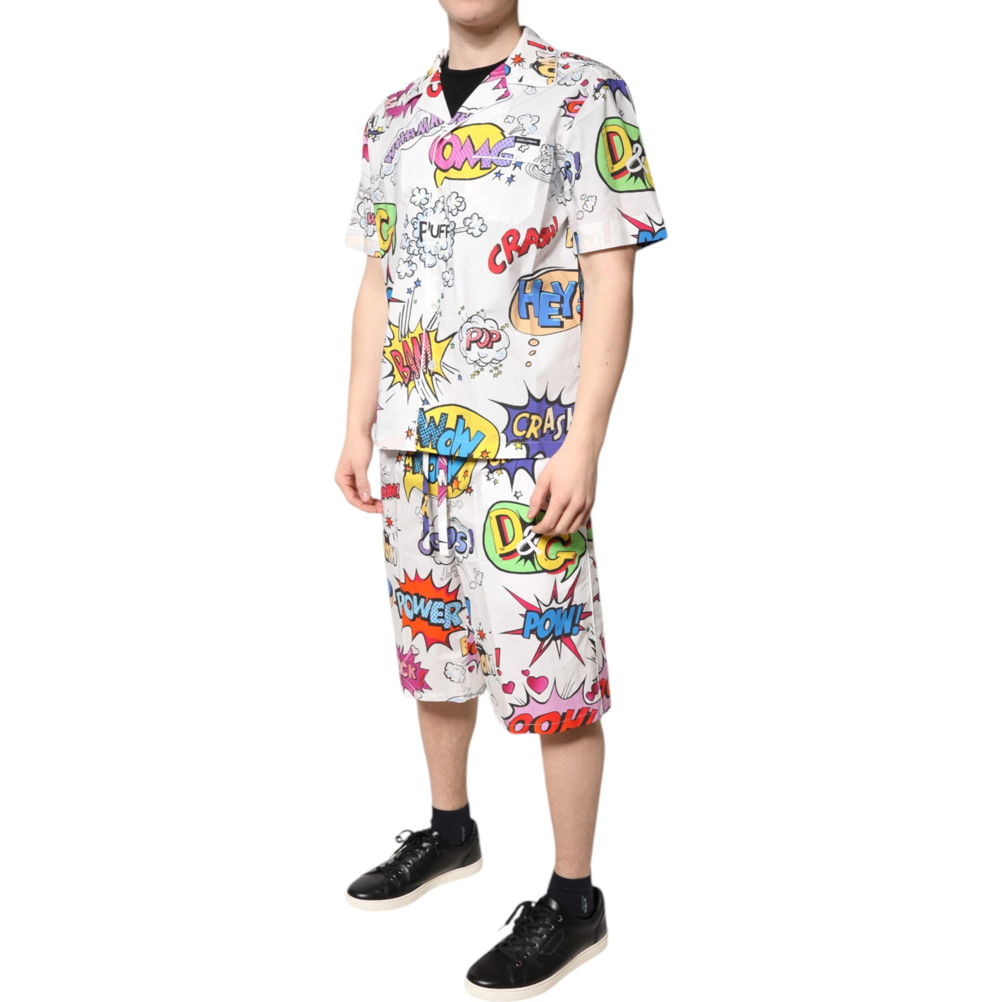 White Cartoon Print Cotton Men Pajama Set Sleepwear