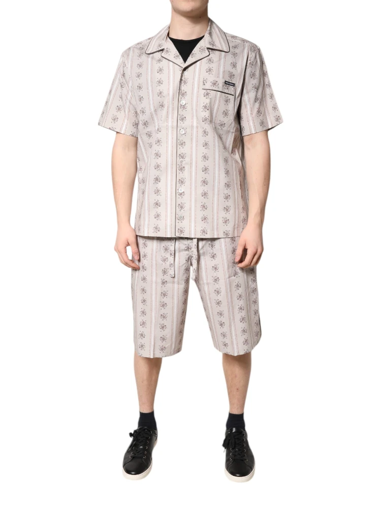 Beige Floral Print Cotton Men Pajama Set Sleepwear