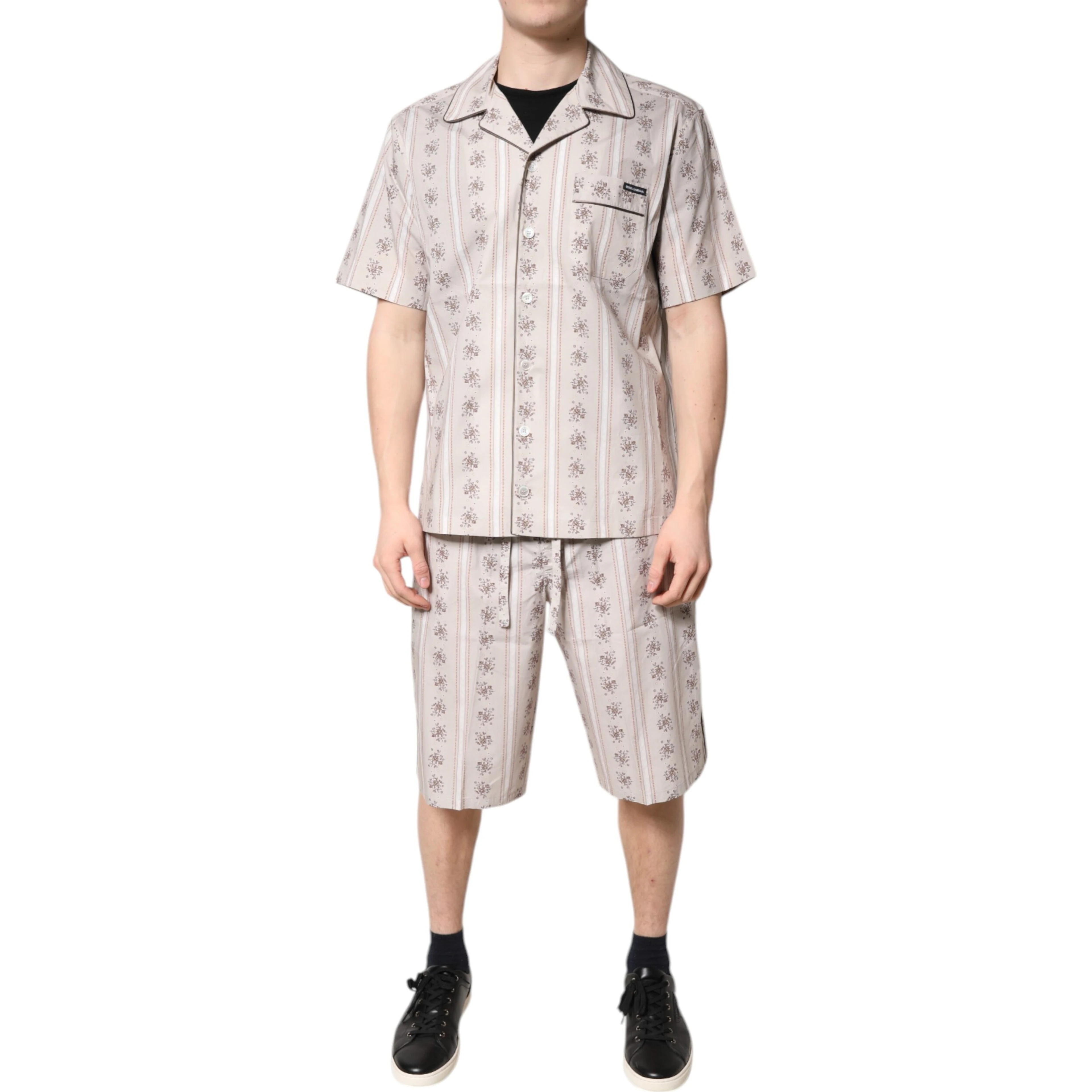 Beige Floral Print Cotton Men Pajama Set Sleepwear