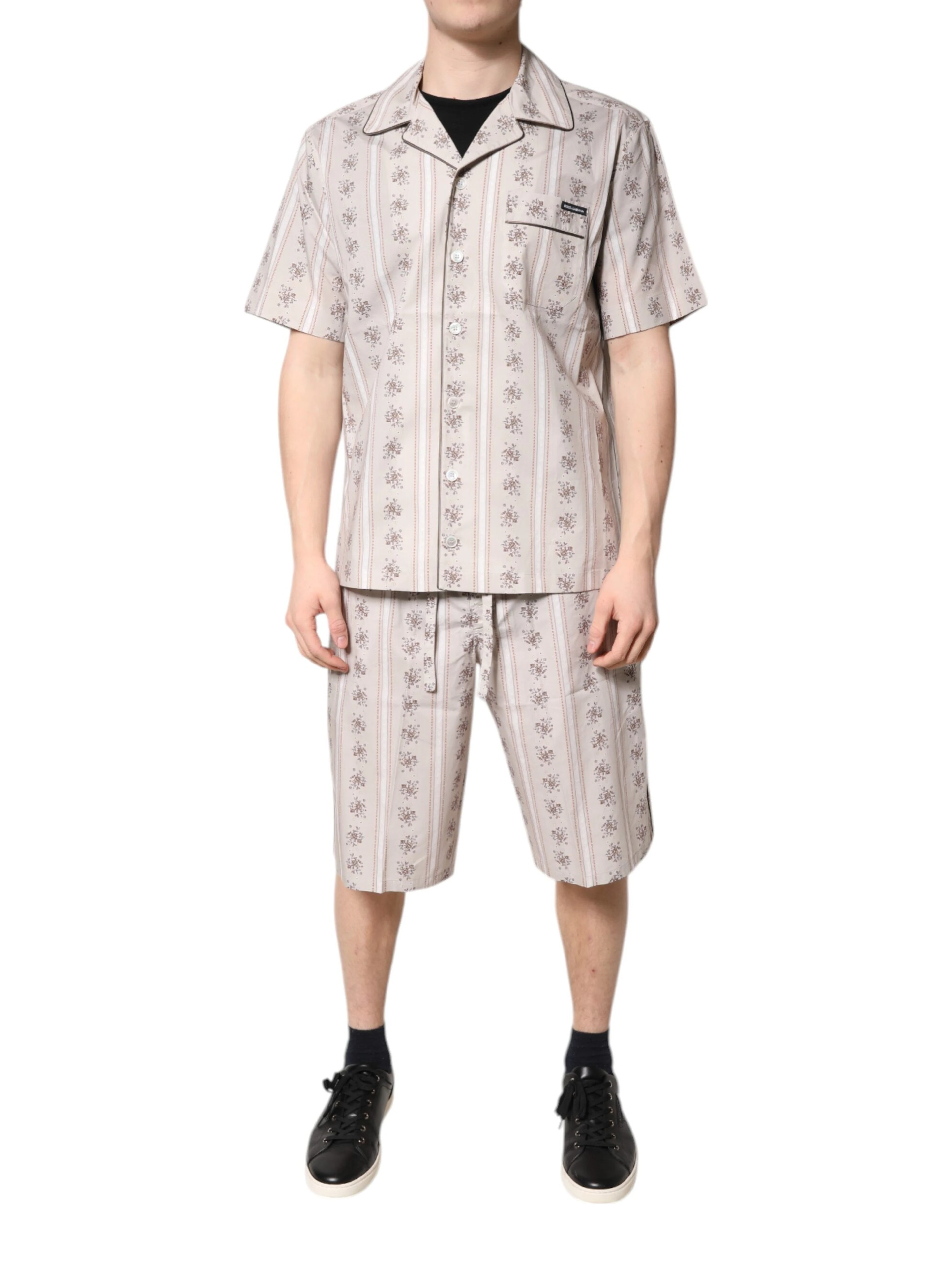 Beige Floral Print Cotton Men Pajama Set Sleepwear