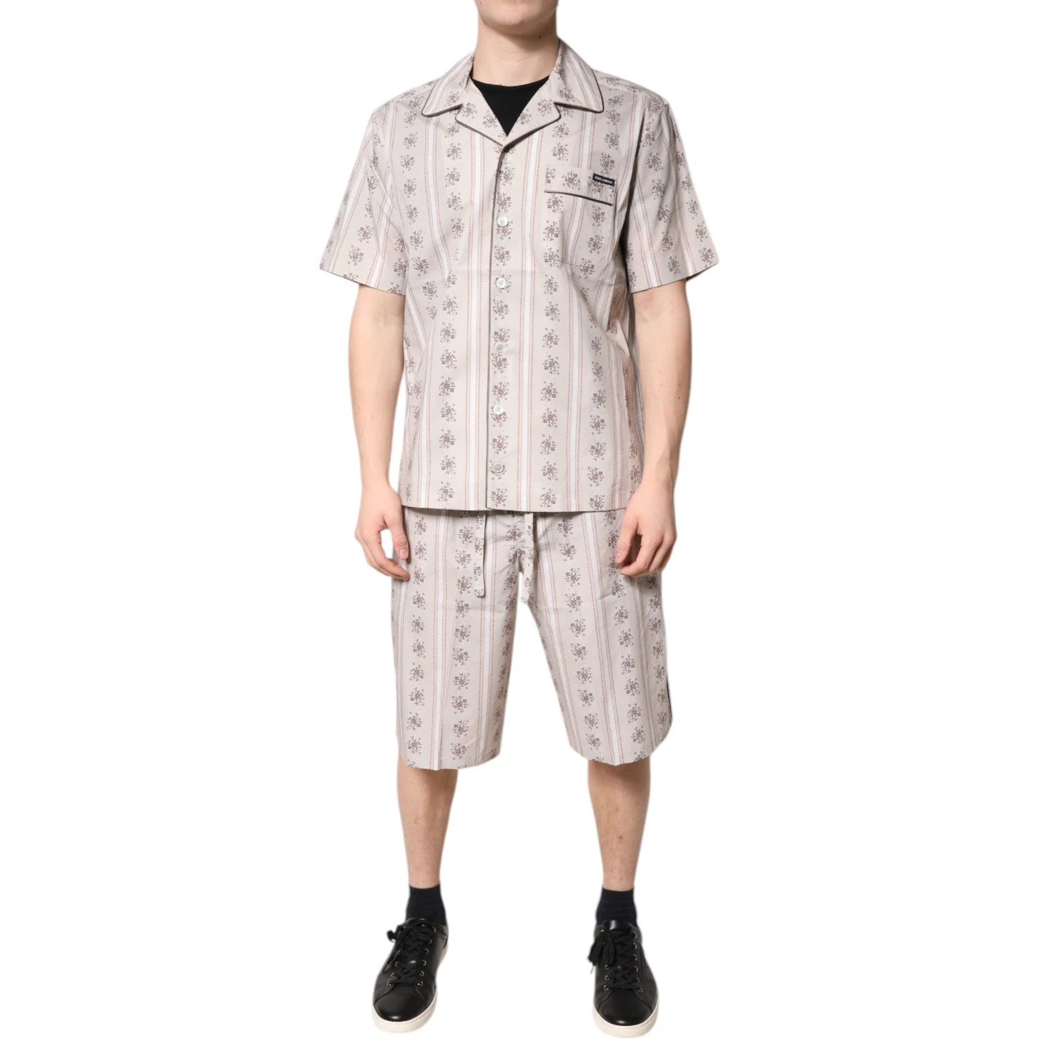 Beige Floral Print Cotton Men Pajama Set Sleepwear