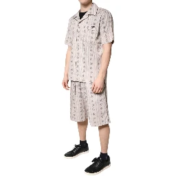 Beige Floral Print Cotton Men Pajama Set Sleepwear