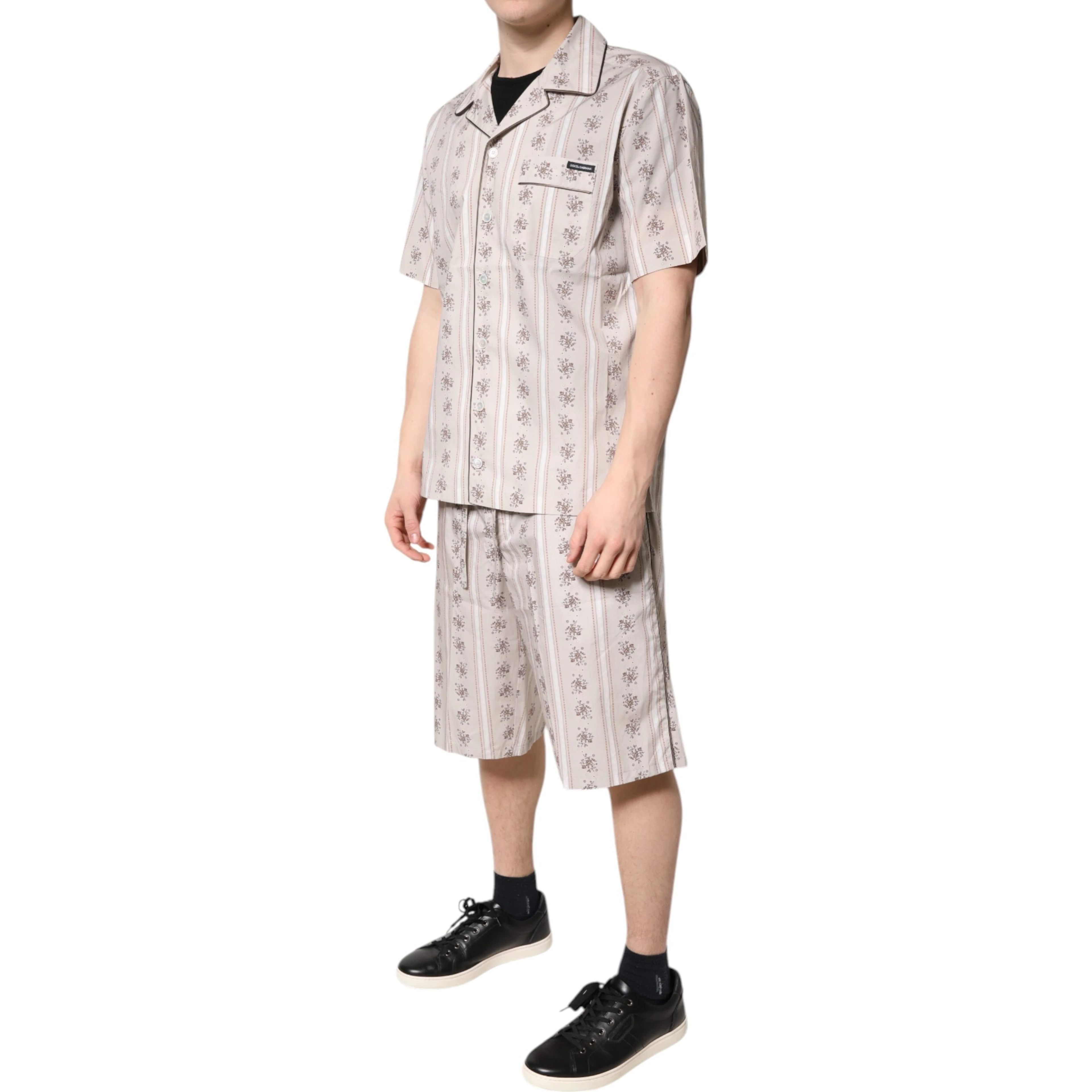 Beige Floral Print Cotton Men Pajama Set Sleepwear