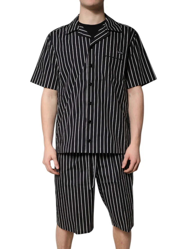 Black White Stripes Cotton Men Pajama Set Sleepwear