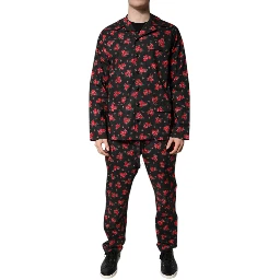Black Floral Print Cotton Men Pajama Set Sleepwear