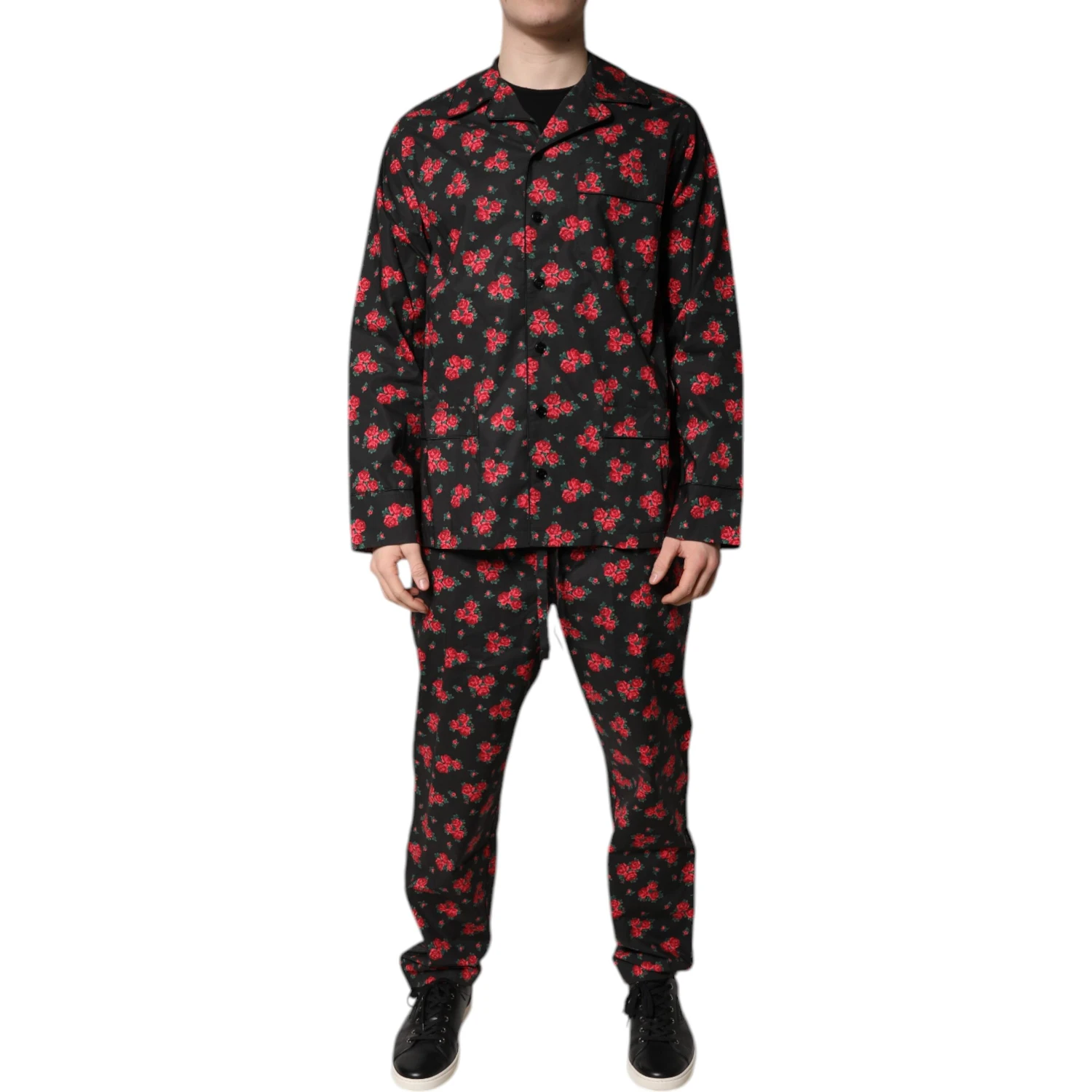 Black Floral Print Cotton Men Pajama Set Sleepwear