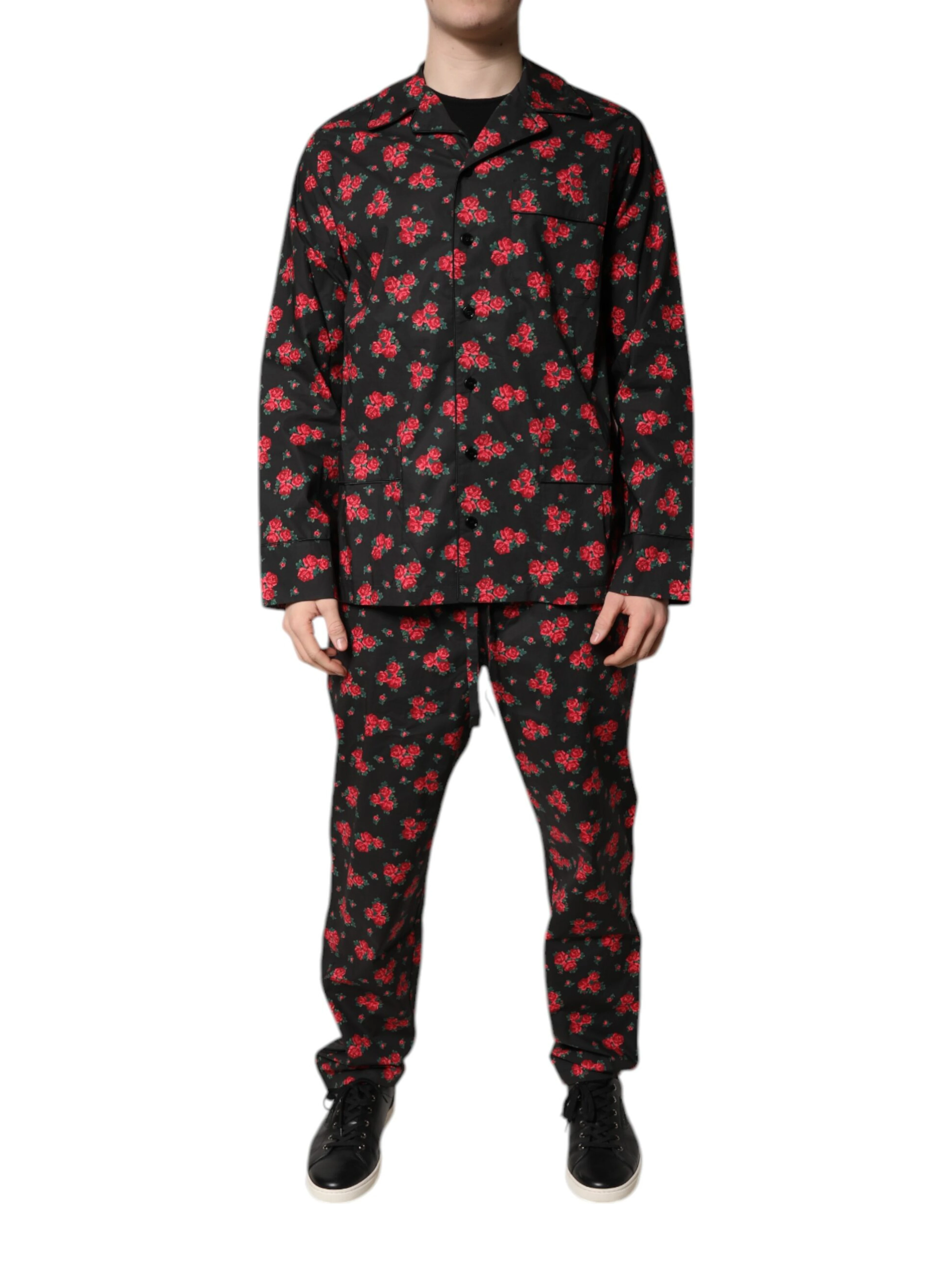 Black Floral Print Cotton Men Pajama Set Sleepwear