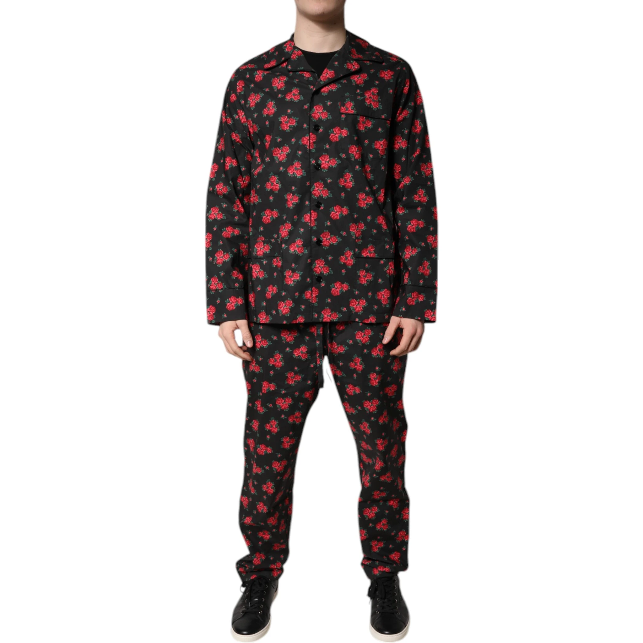 Black Floral Print Cotton Men Pajama Set Sleepwear