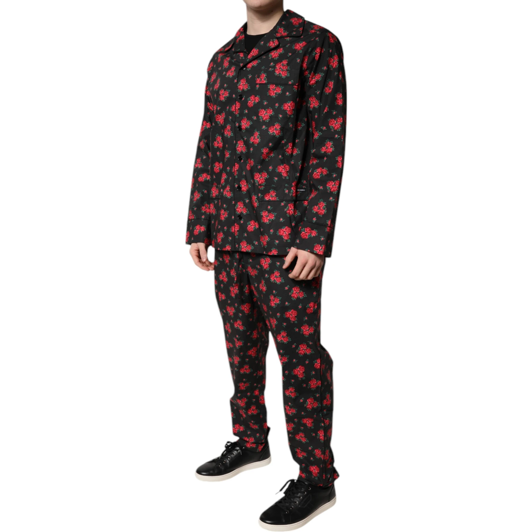Black Floral Print Cotton Men Pajama Set Sleepwear