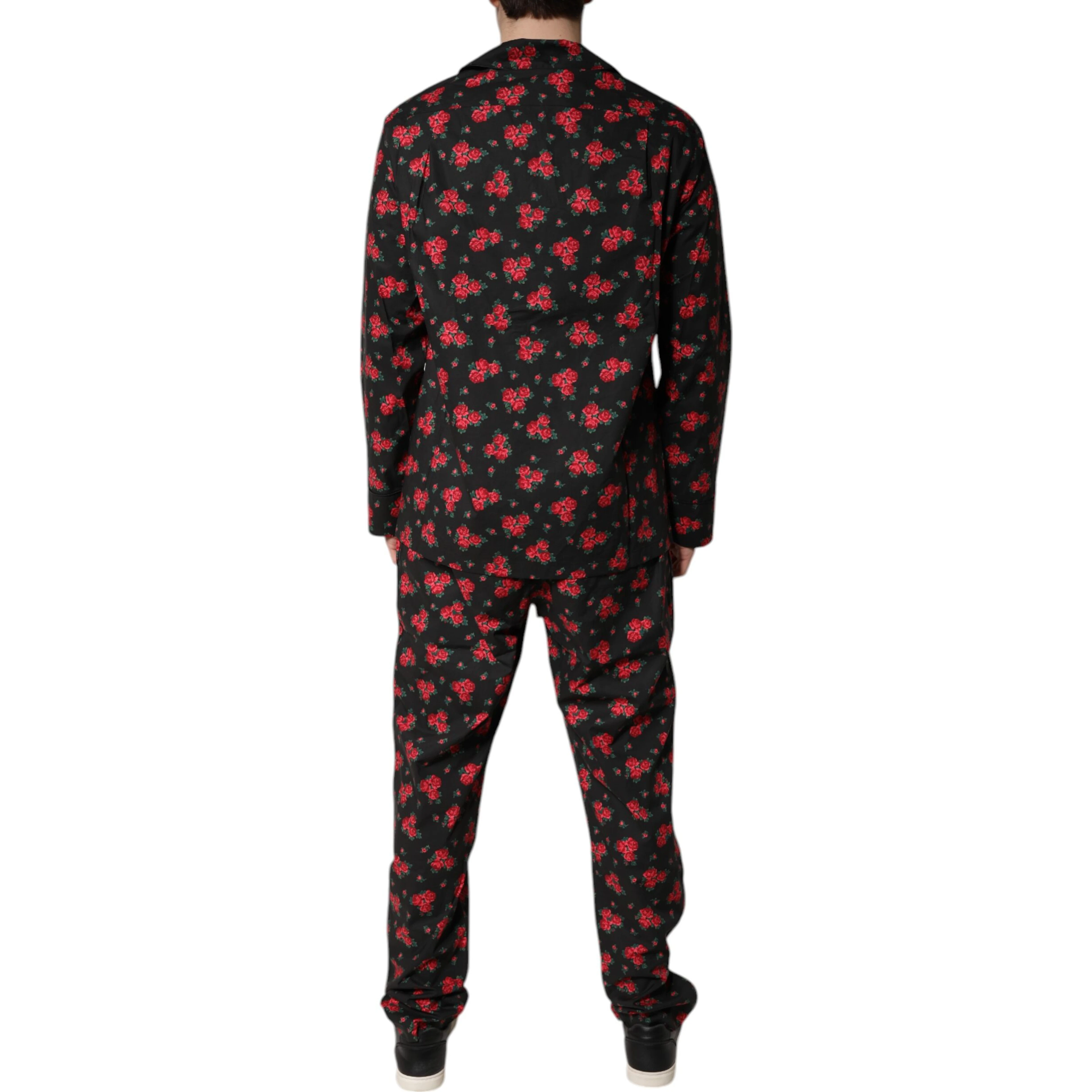 Black Floral Print Cotton Men Pajama Set Sleepwear