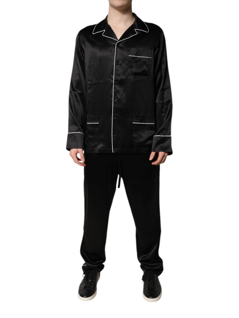 Black Silk Shirt Pants Pajama Set Sleepwear