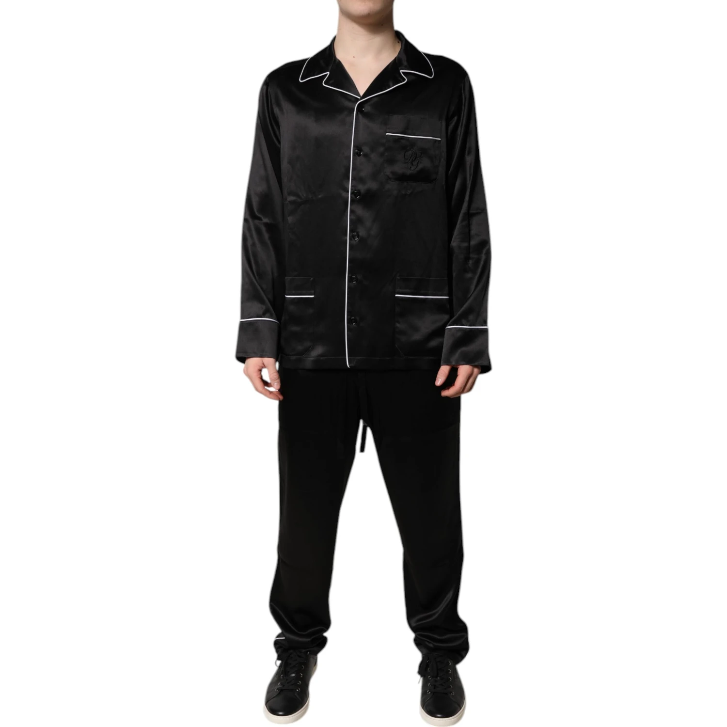 Black Silk Shirt Pants Pajama Set Sleepwear
