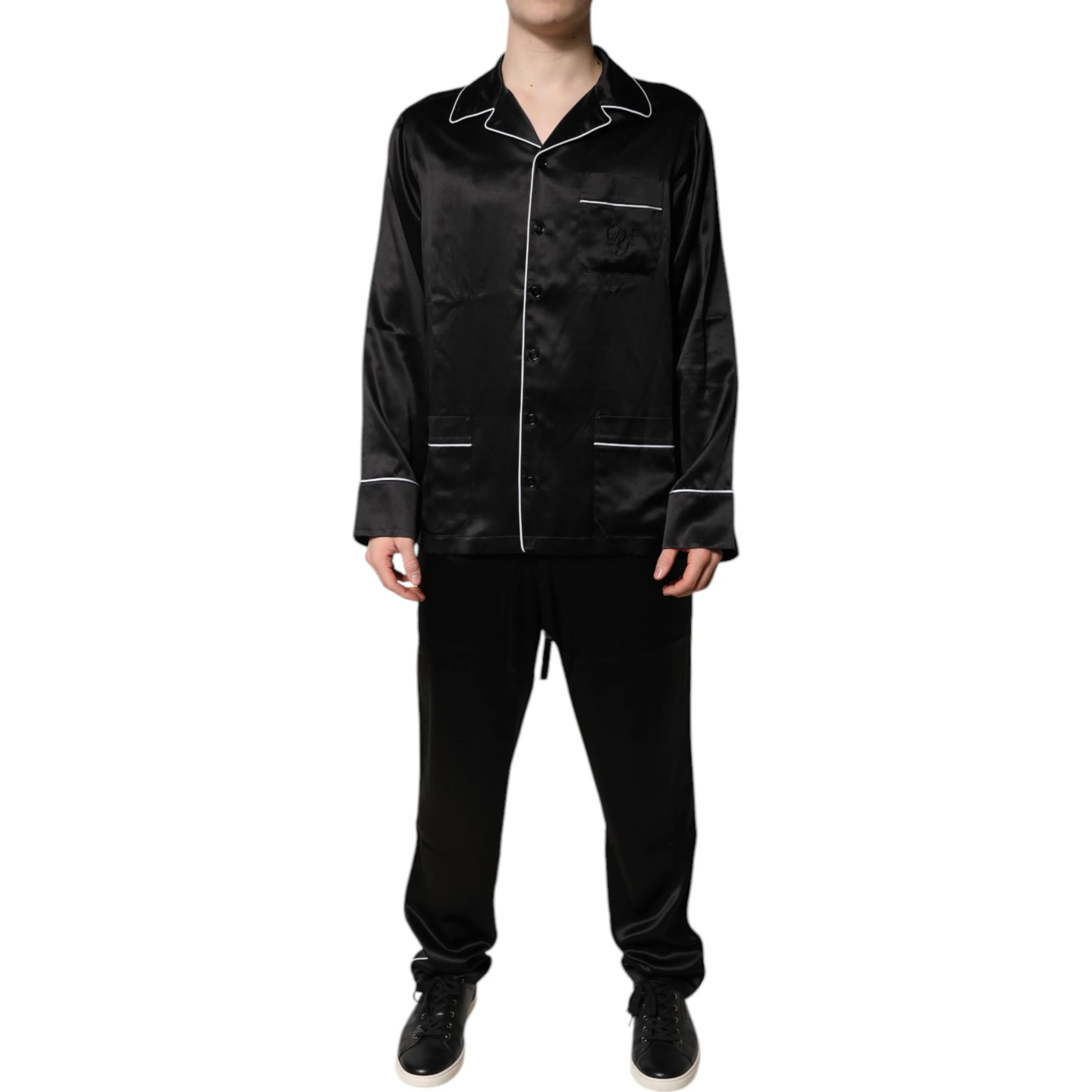 Black Silk Shirt Pants Pajama Set Sleepwear