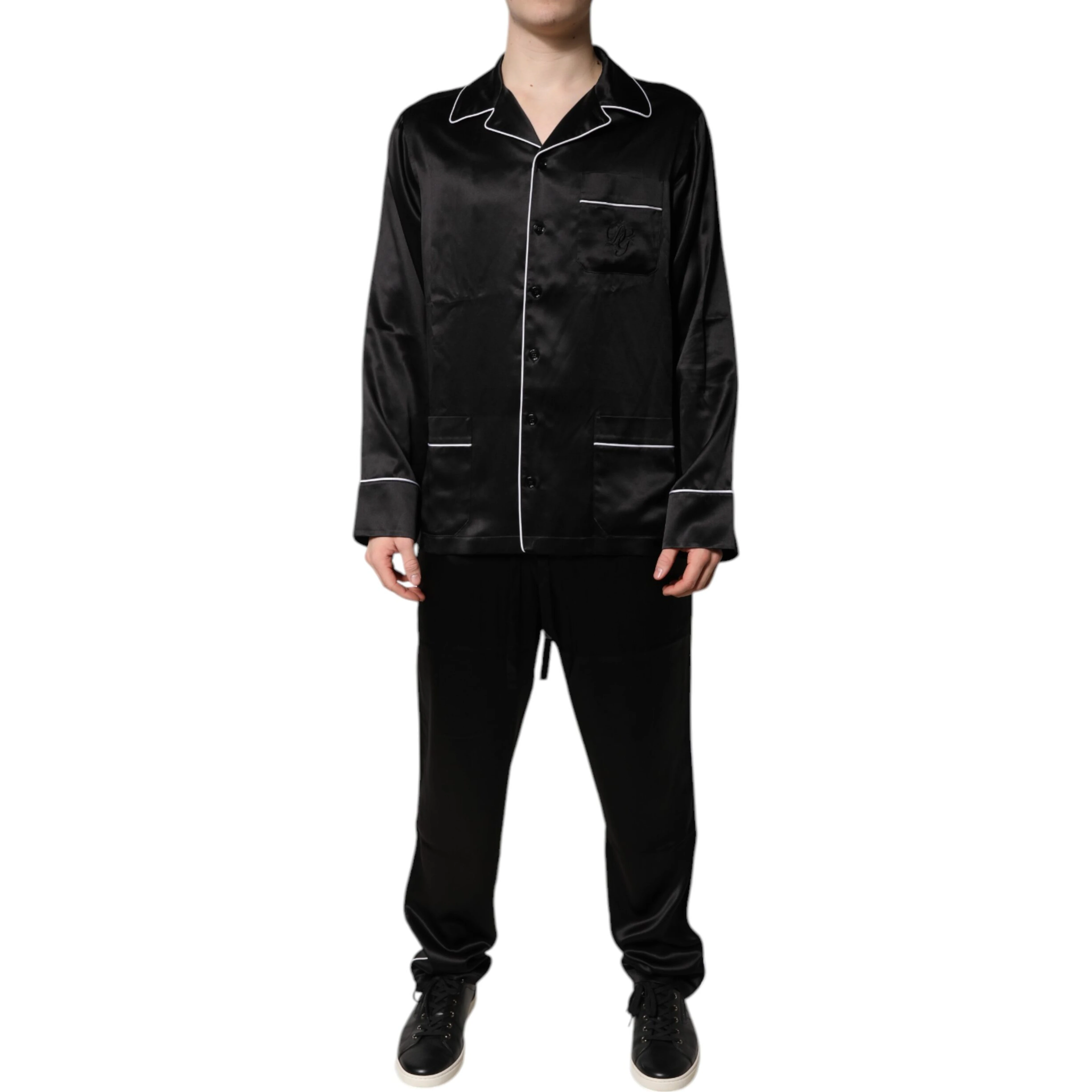 Black Silk Shirt Pants Pajama Set Sleepwear