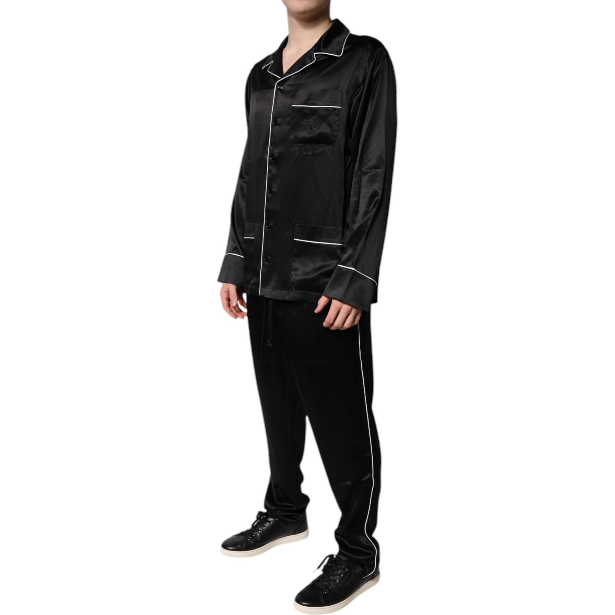 Black Silk Shirt Pants Pajama Set Sleepwear