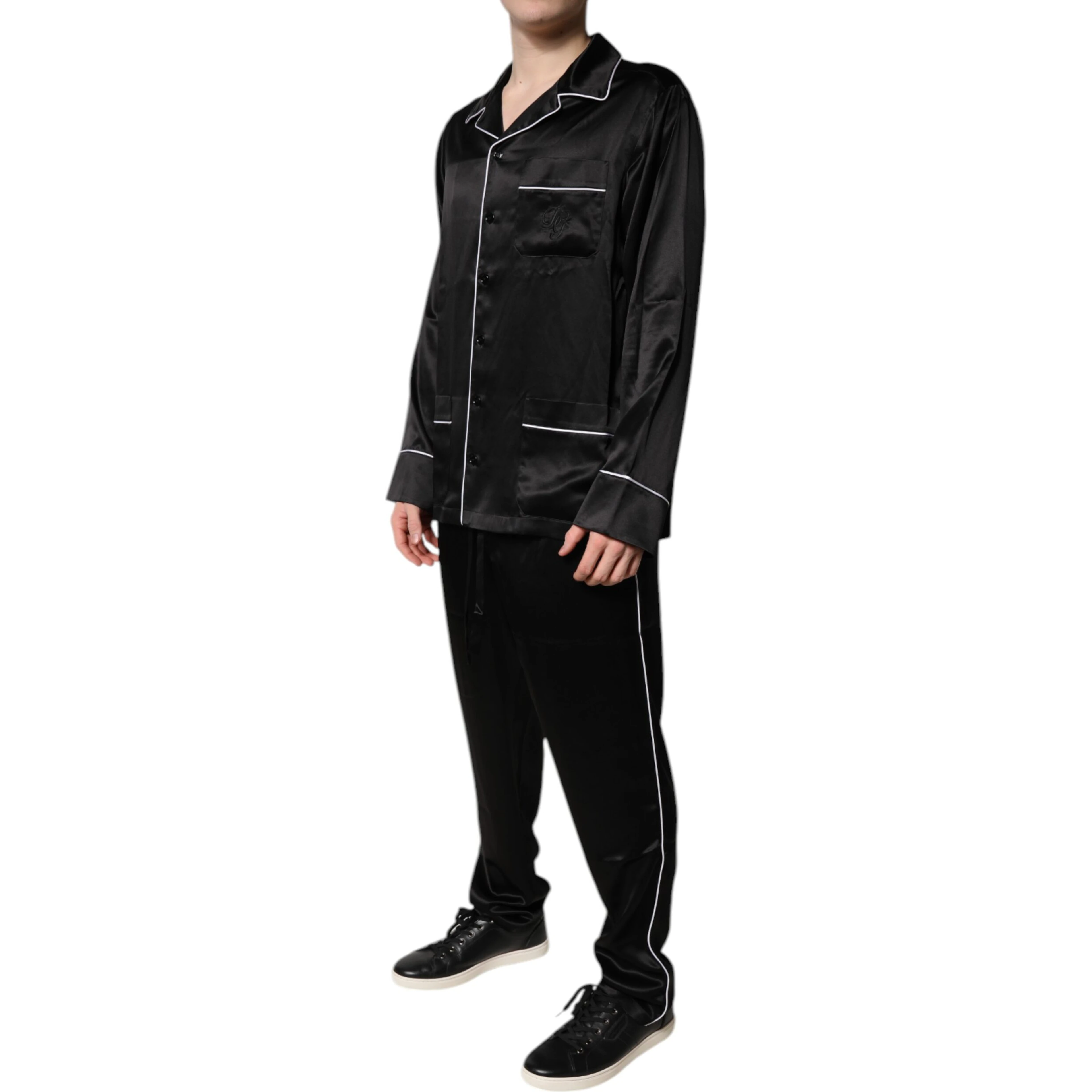 Black Silk Shirt Pants Pajama Set Sleepwear