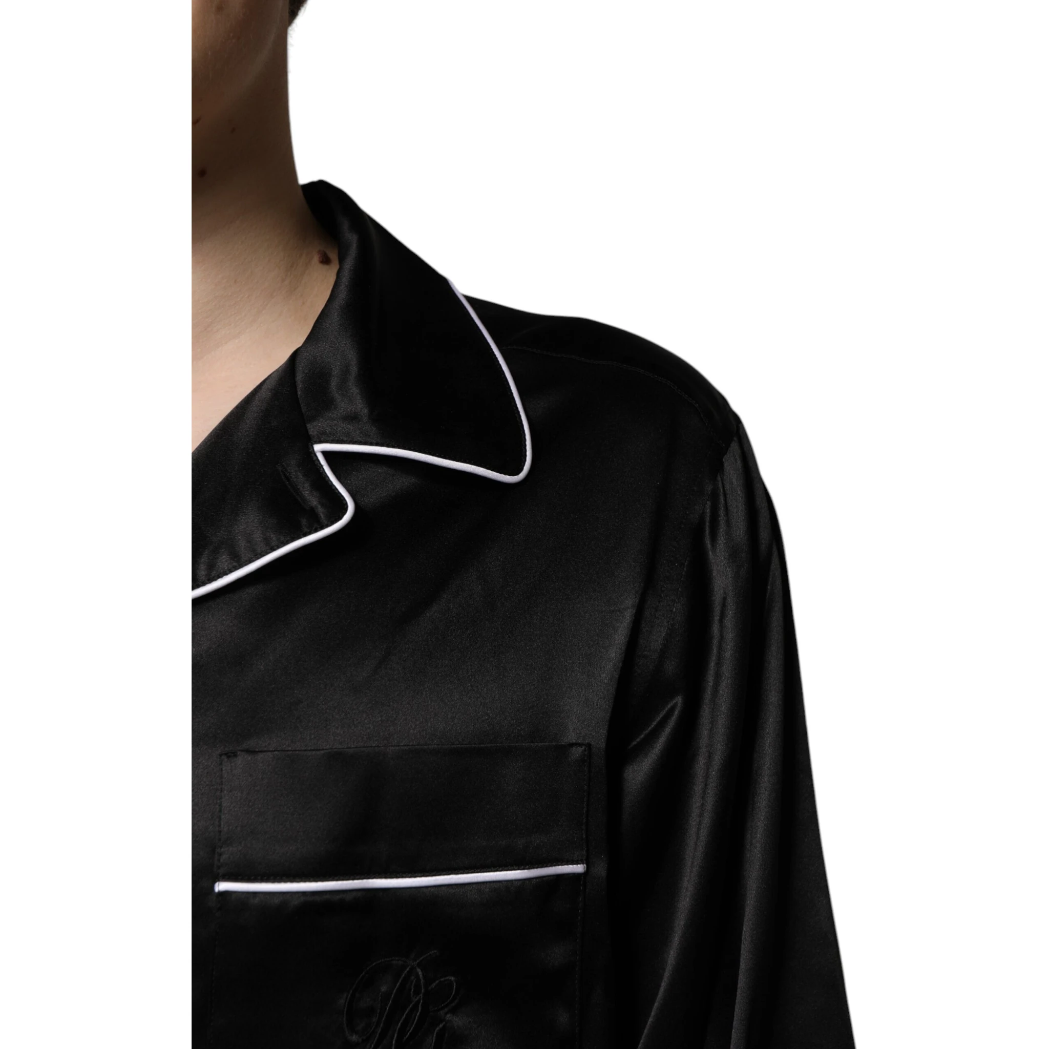 Black Silk Shirt Pants Pajama Set Sleepwear