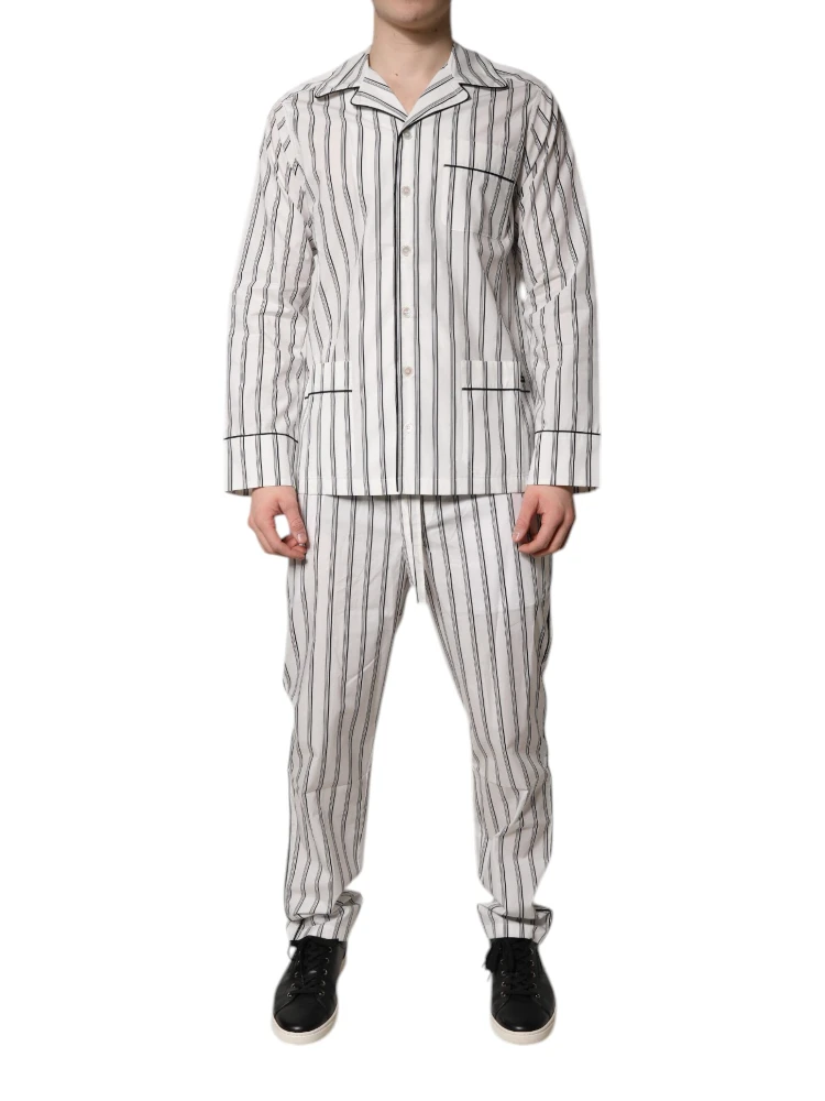 White Black Stripes Cotton Men Pajama Set Sleepwear