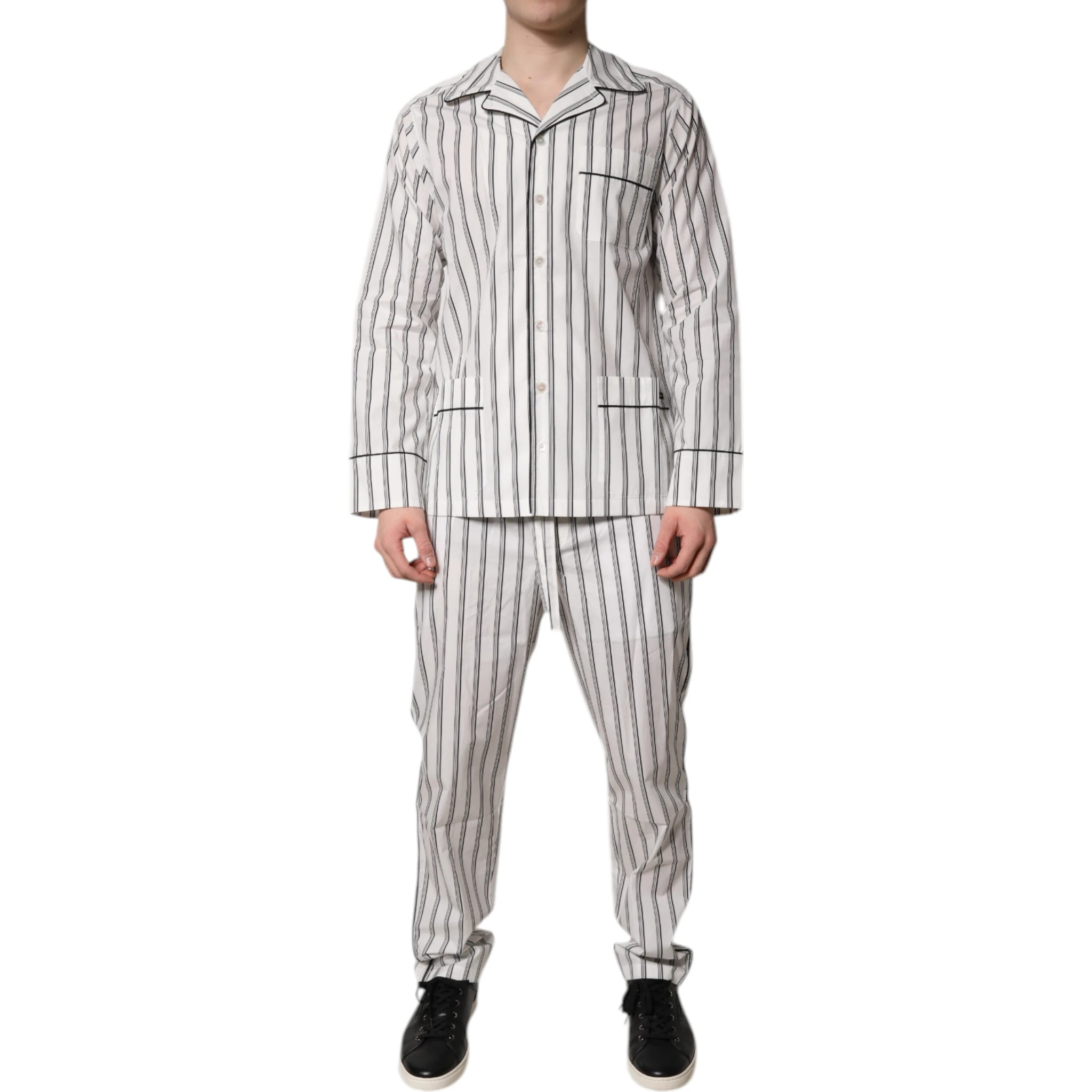 White Black Stripes Cotton Men Pajama Set Sleepwear