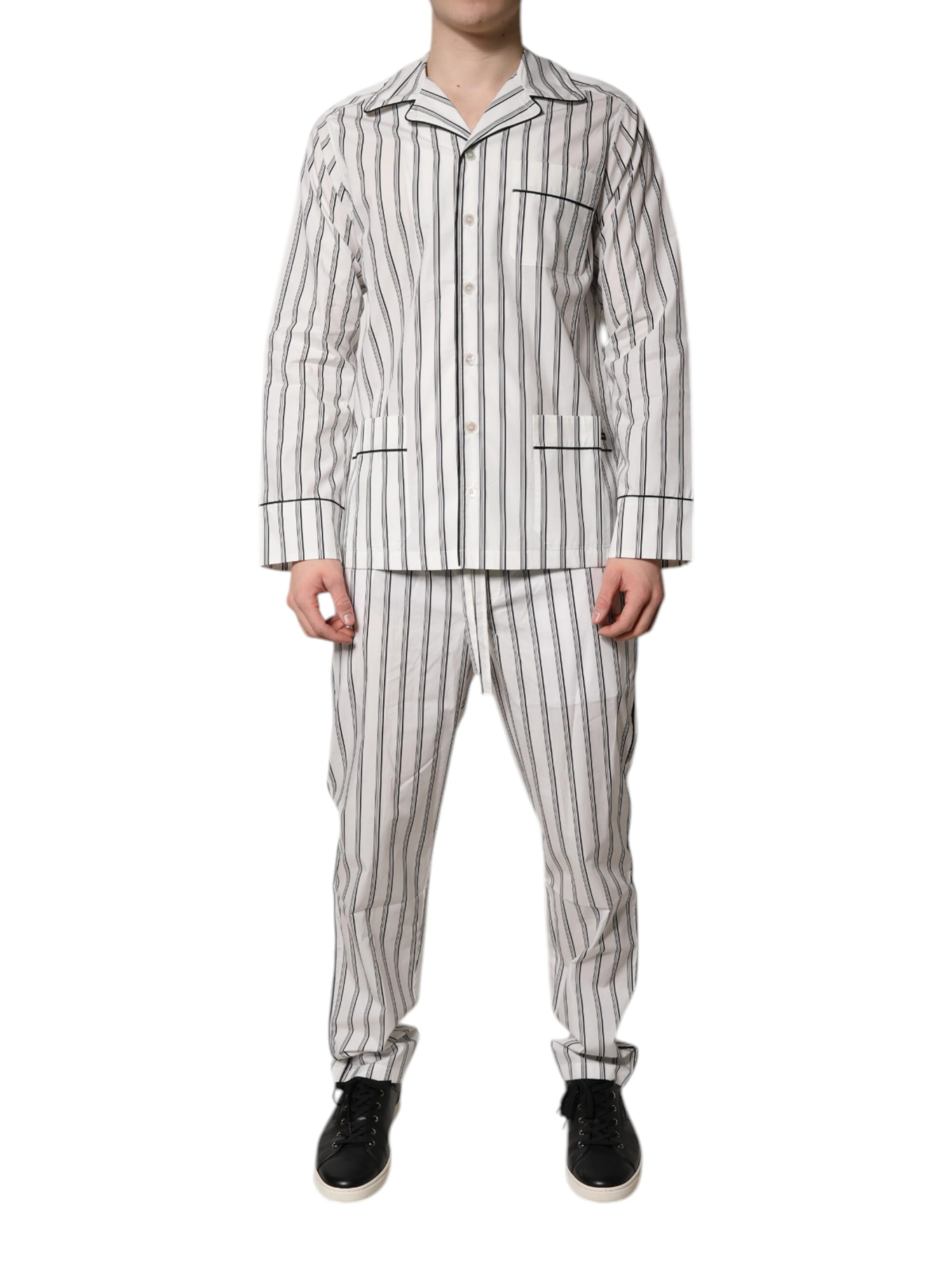 White Black Stripes Cotton Men Pajama Set Sleepwear
