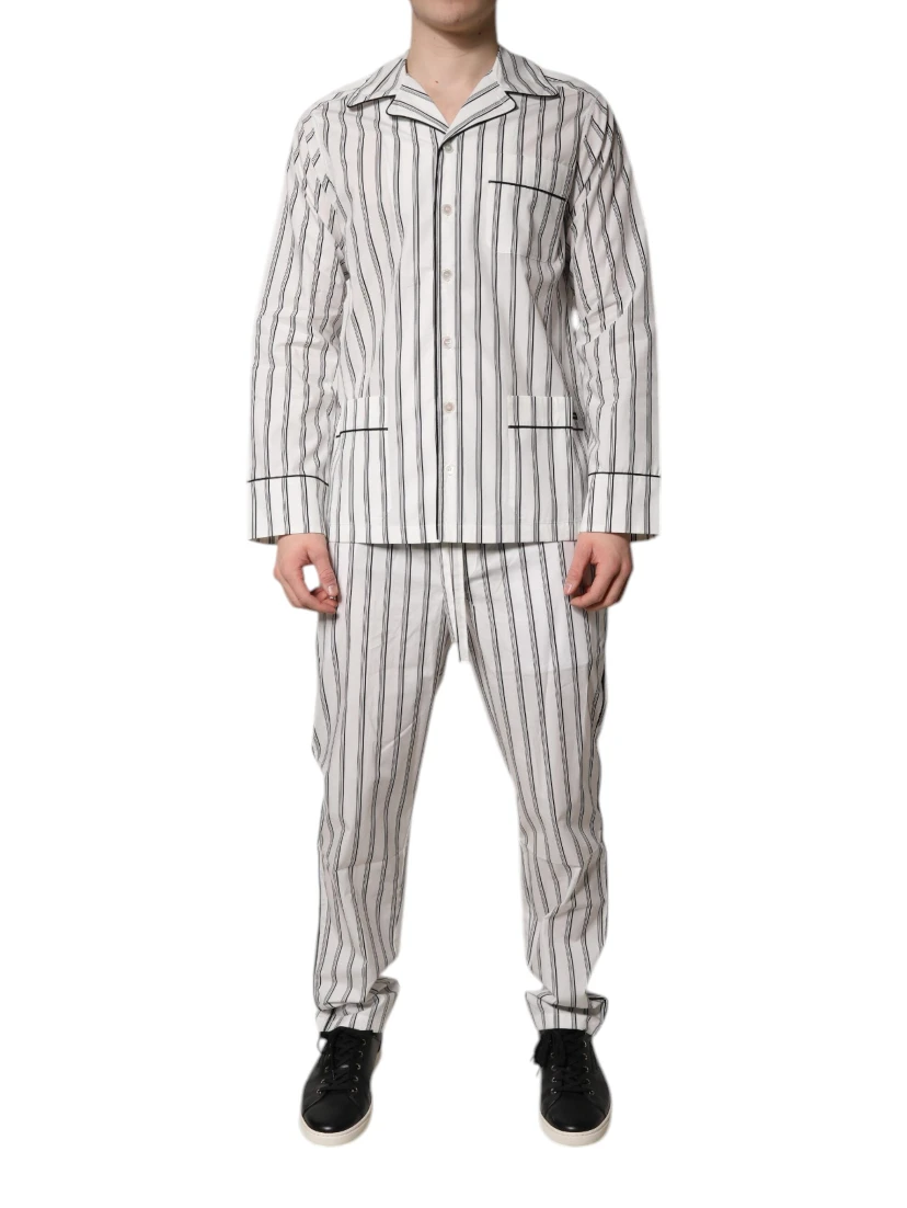 White Black Stripes Cotton Men Pajama Set Sleepwear