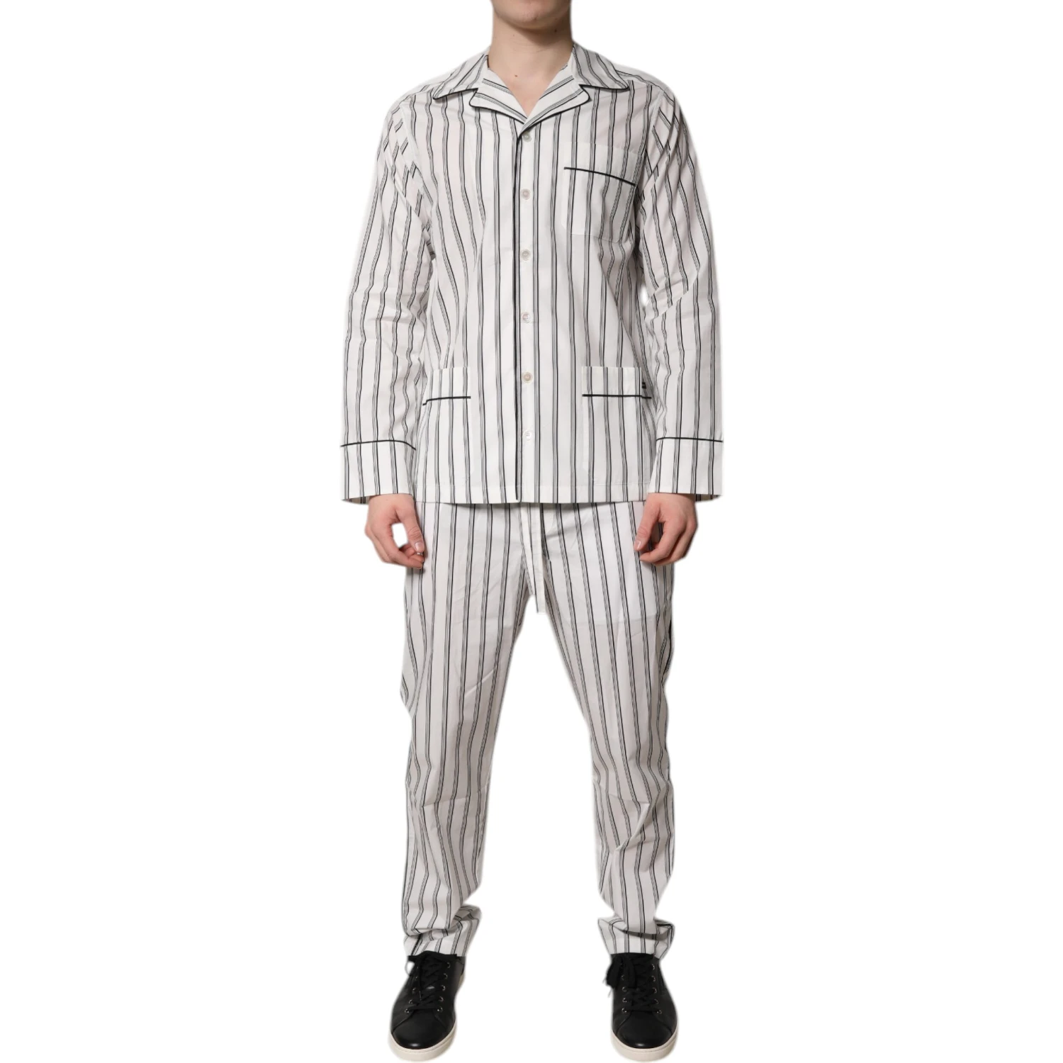 White Black Stripes Cotton Men Pajama Set Sleepwear