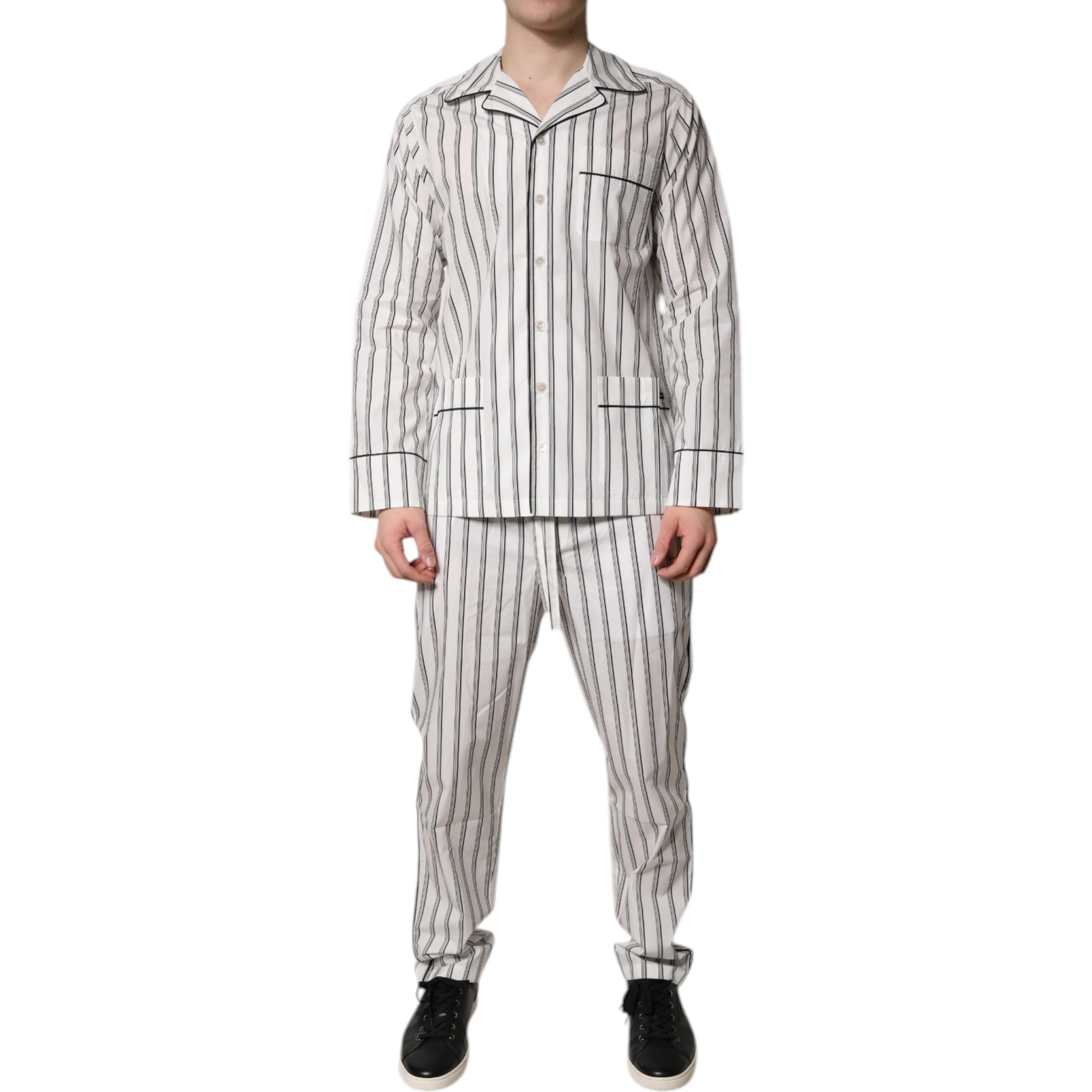 White Black Stripes Cotton Men Pajama Set Sleepwear