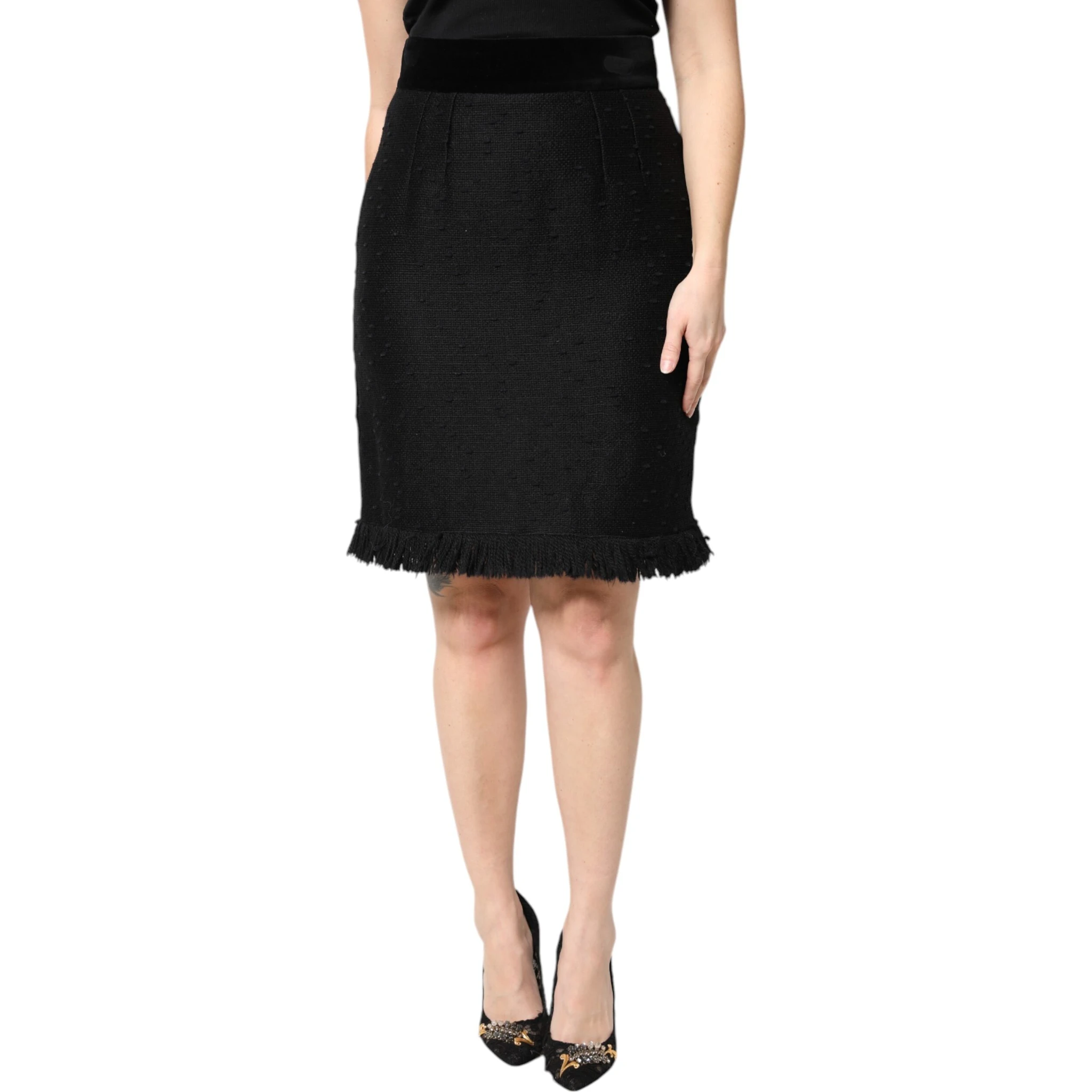 Black Wool Fringe High Waist Pencil Mini Skirt